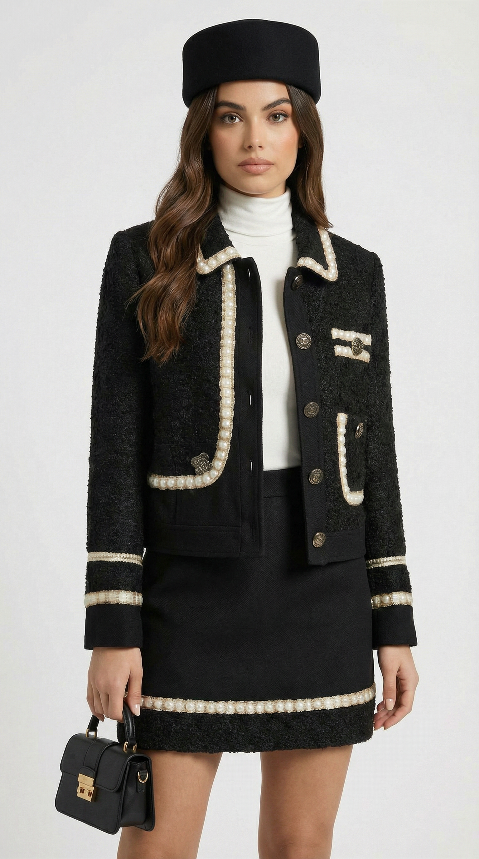 Avelin - Tweed schwarzes Anzugset mit Oberteil und Mini A-Linien-Rock