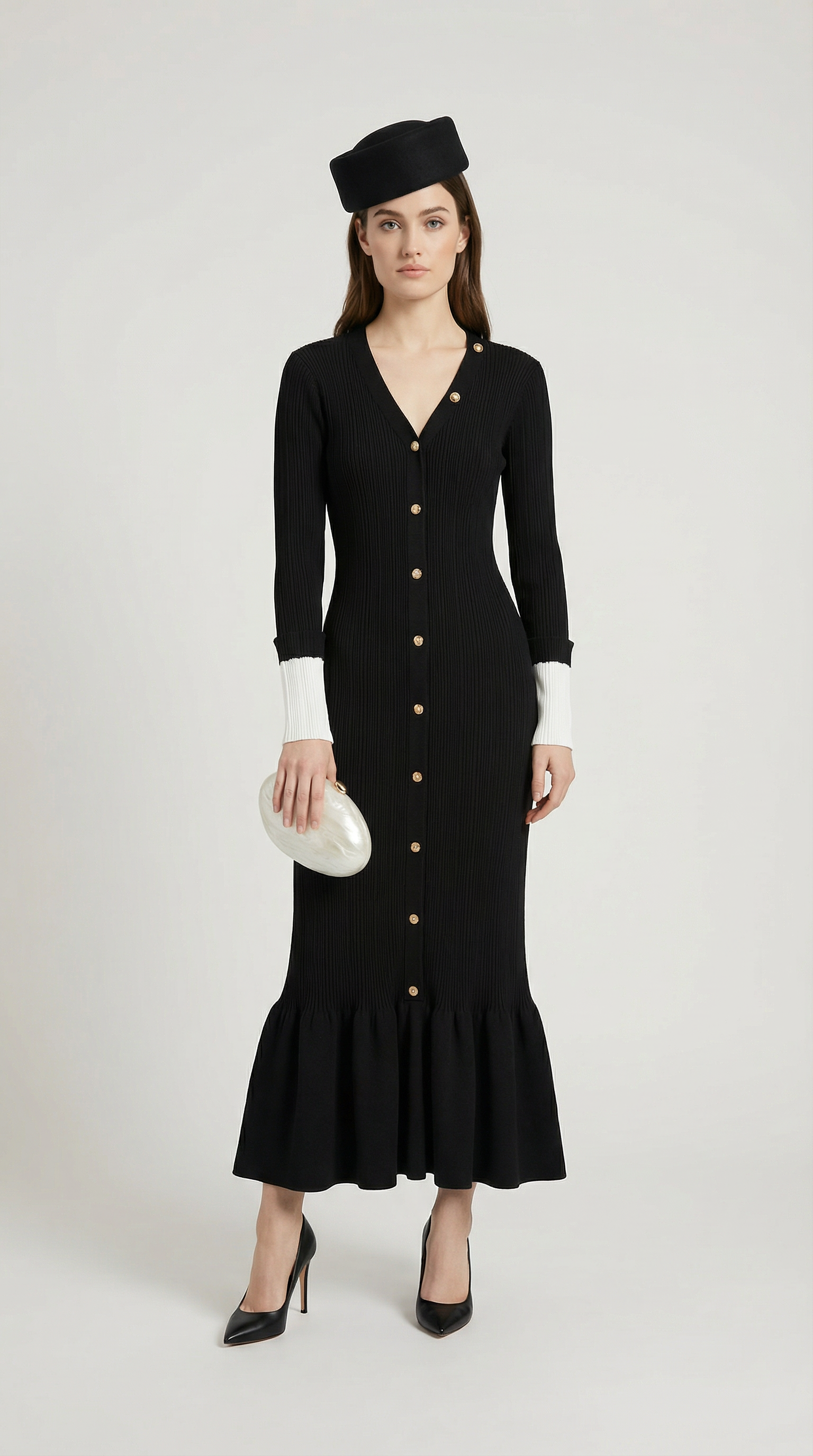 Yva - Robe Sirène Femme Col en V Profond avec Boutons Bijoux Noire