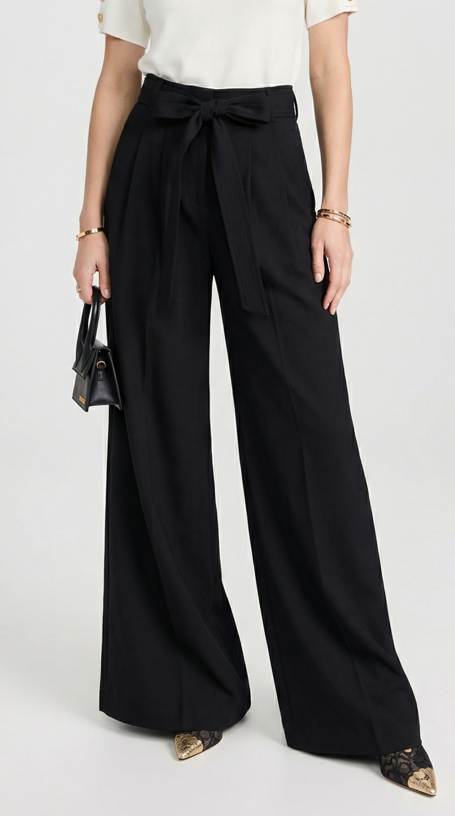 Nalo - Tie-Strap Faltenweite Hosen Schwarz