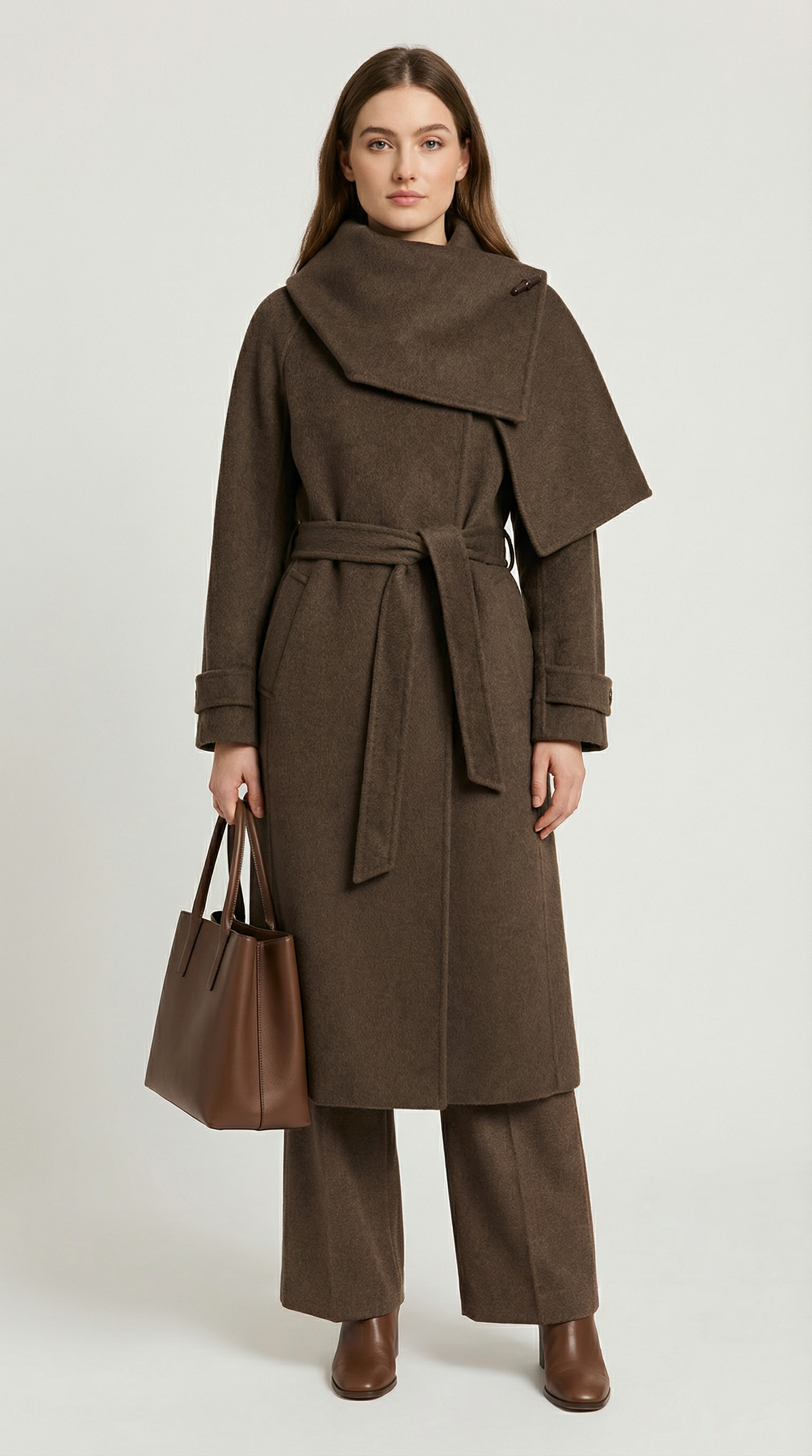 Aurelia - Naturalna dwustronna wełniana kurtka z miękkim szalem brązowa