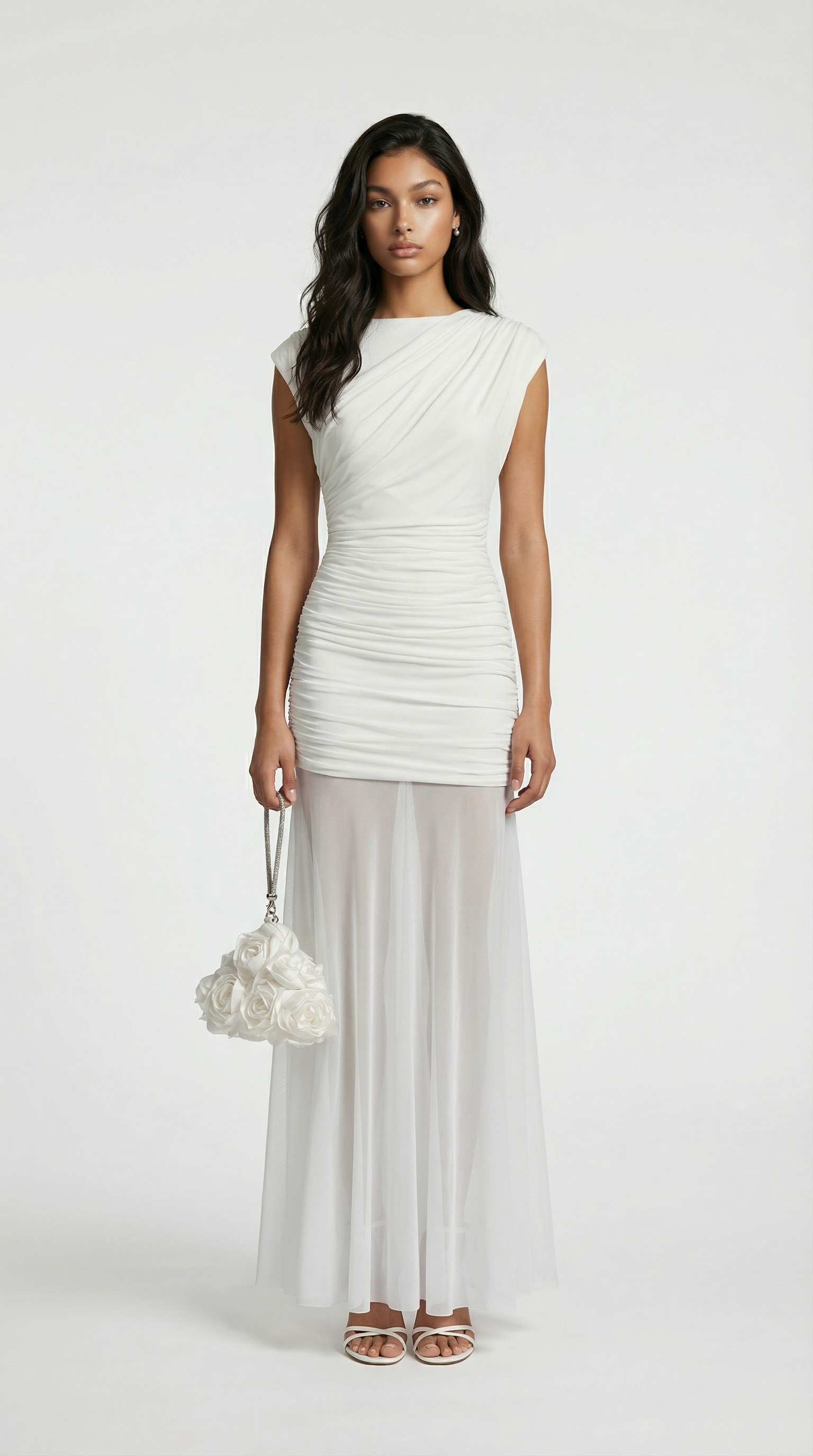 Clair - Robe longue sculpturale plissée minimaliste blanche