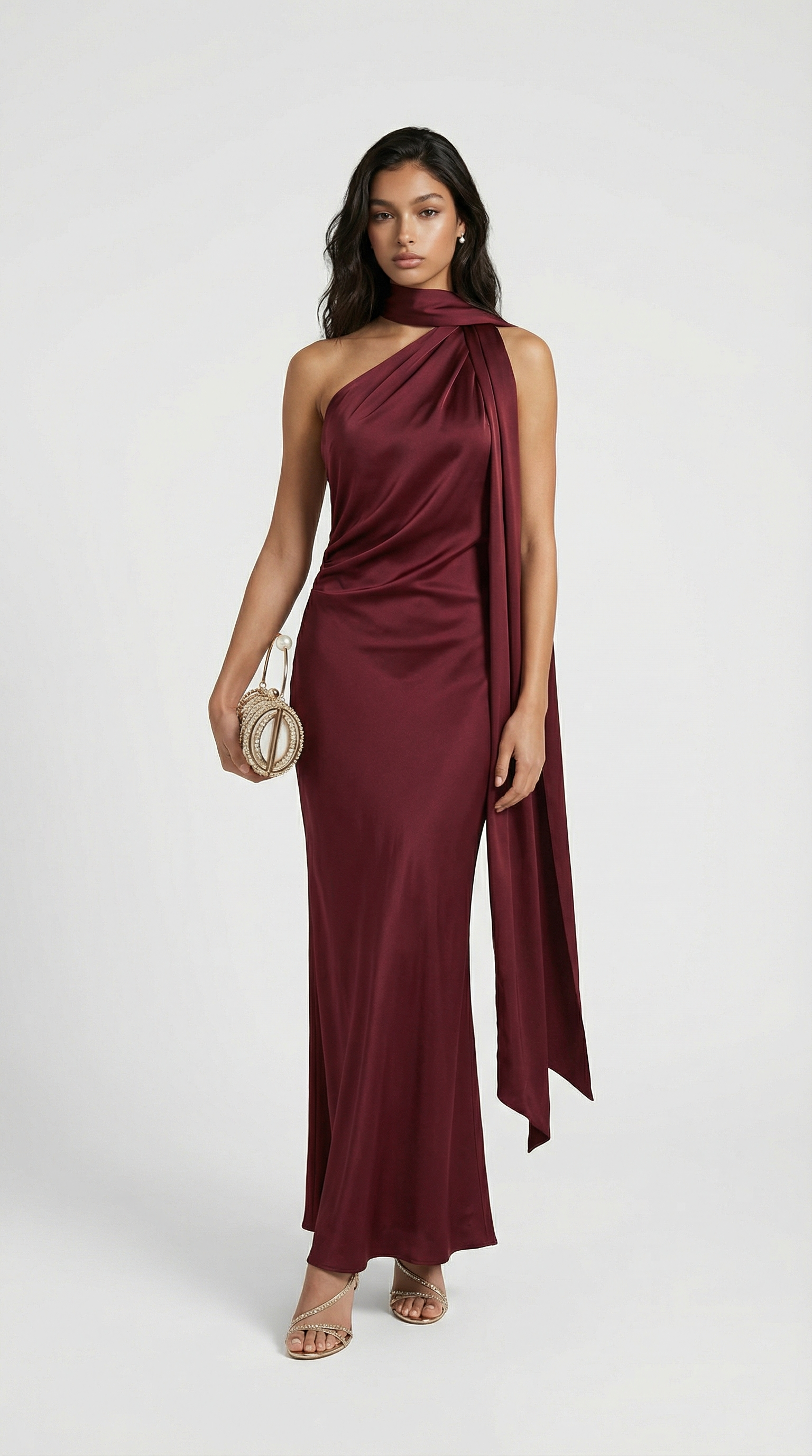 إيريس - فستان سهرة ساتان أنيق برقبة هالتر وشريط أحمر خمري