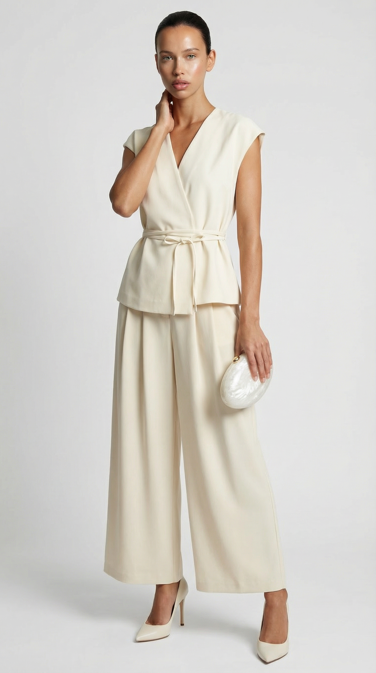 Epure - V-Neck Belted Sleeveless Top Ivory