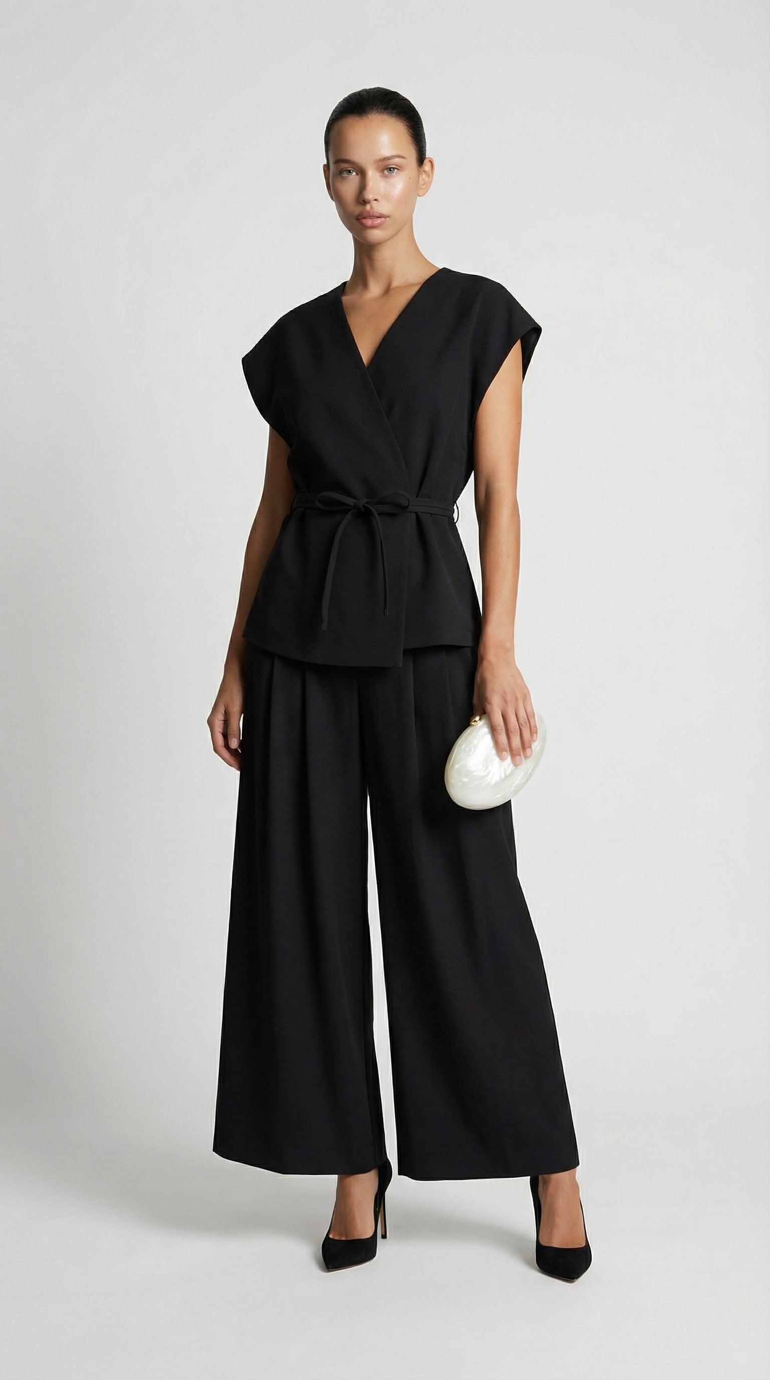 Epure - V-Neck Belted Sleeveless Top Black