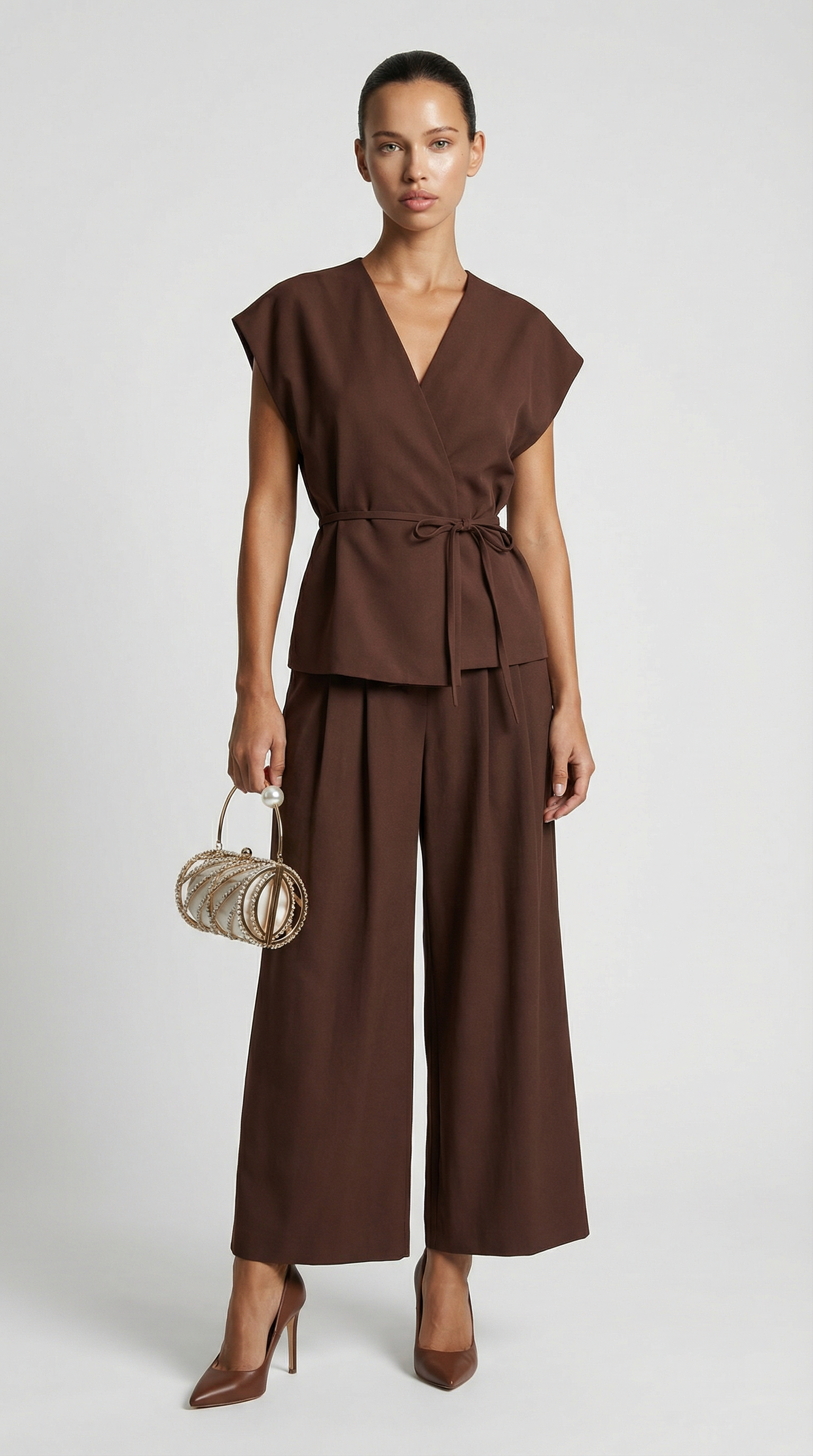 Epure - V-Neck Belted Sleeveless Top Brown