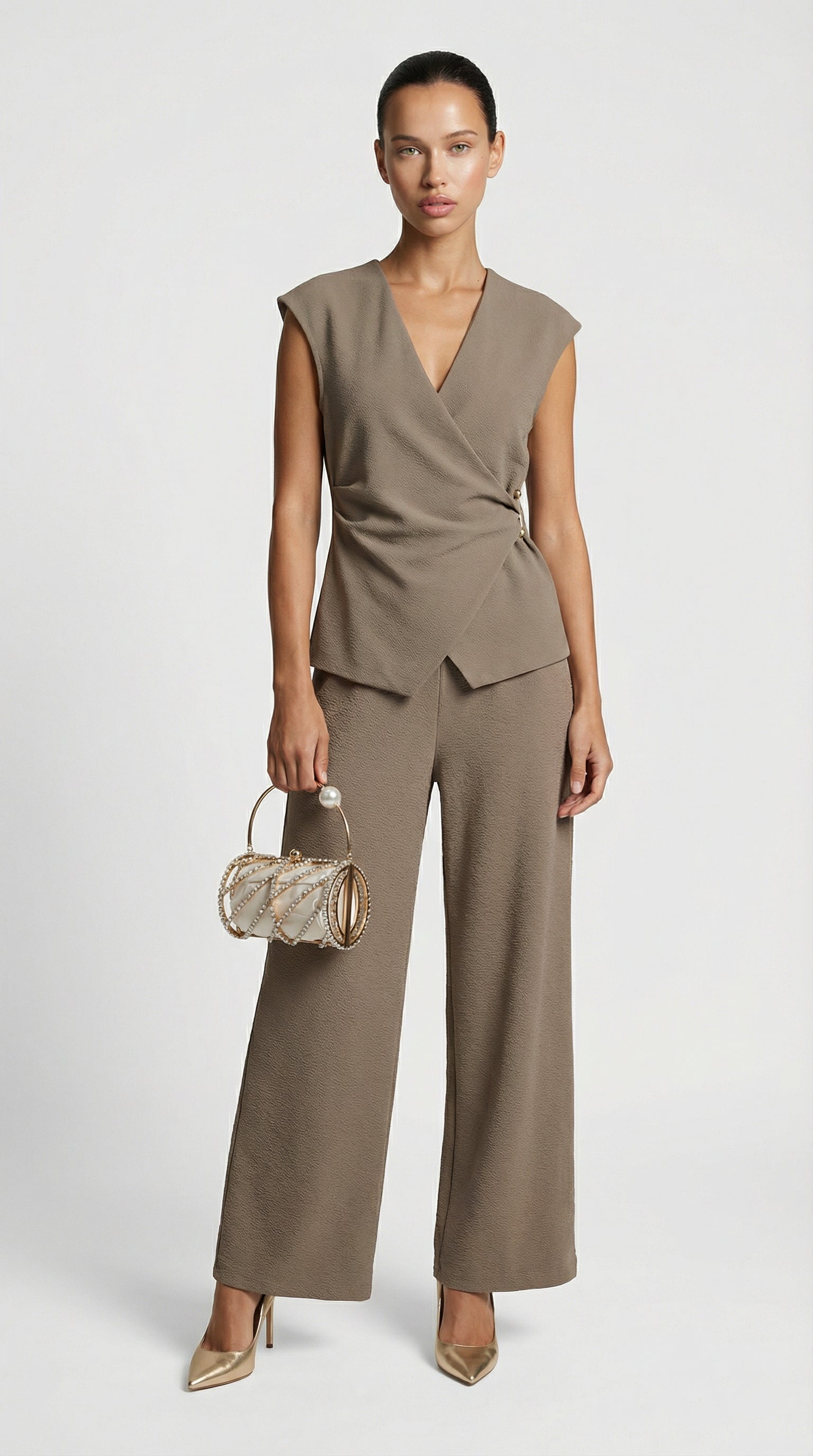 Liora - Ruched Pin-Accent Minimalist Top Light Brown