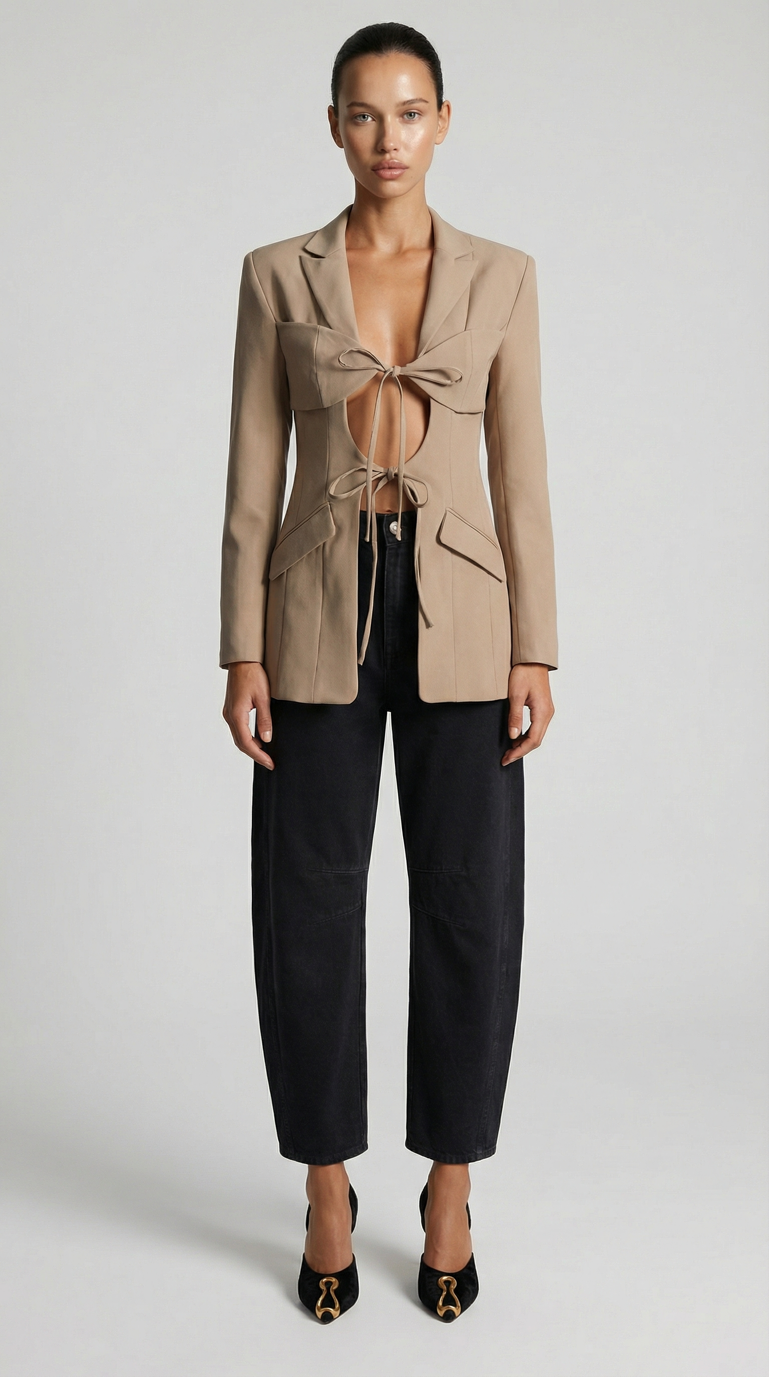 Valier - Architectural Cut-Out Lace-Up Blazer Top Beige