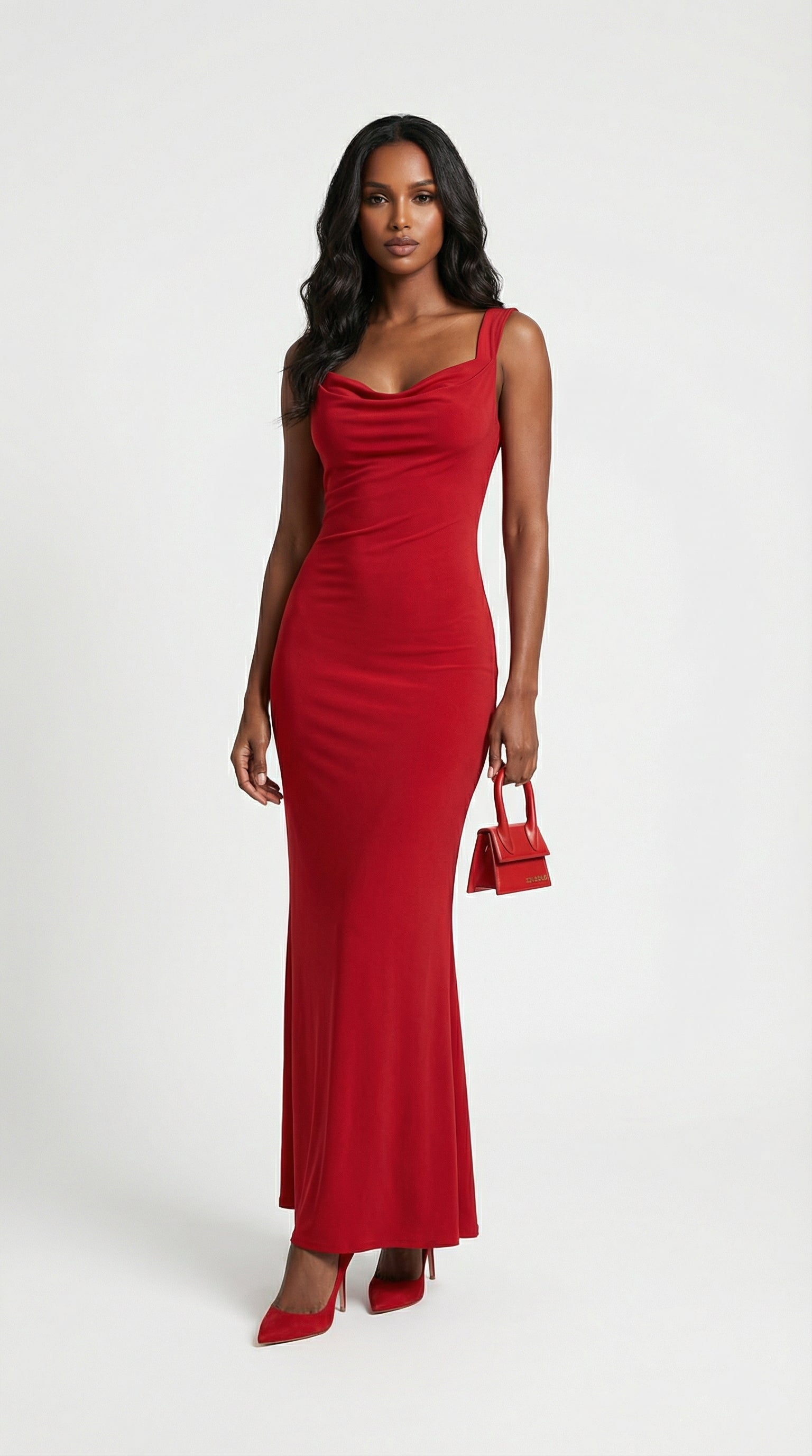 إيسا - فستان ماكسي جذاب برقبة كول بدون ظهر مع فيونكة أحمر