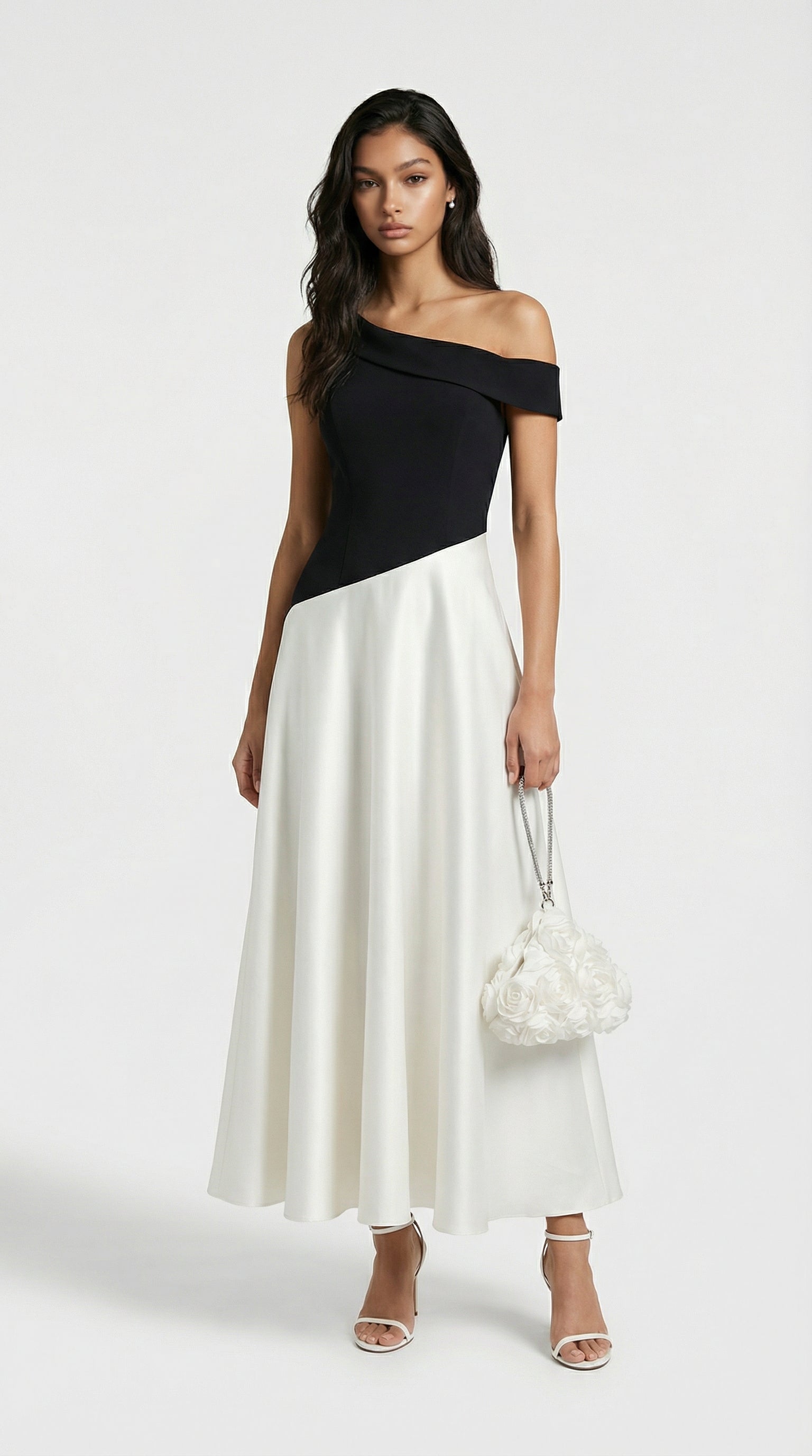 Calmi - Elegante abito monospalla a blocchi bianco e nero