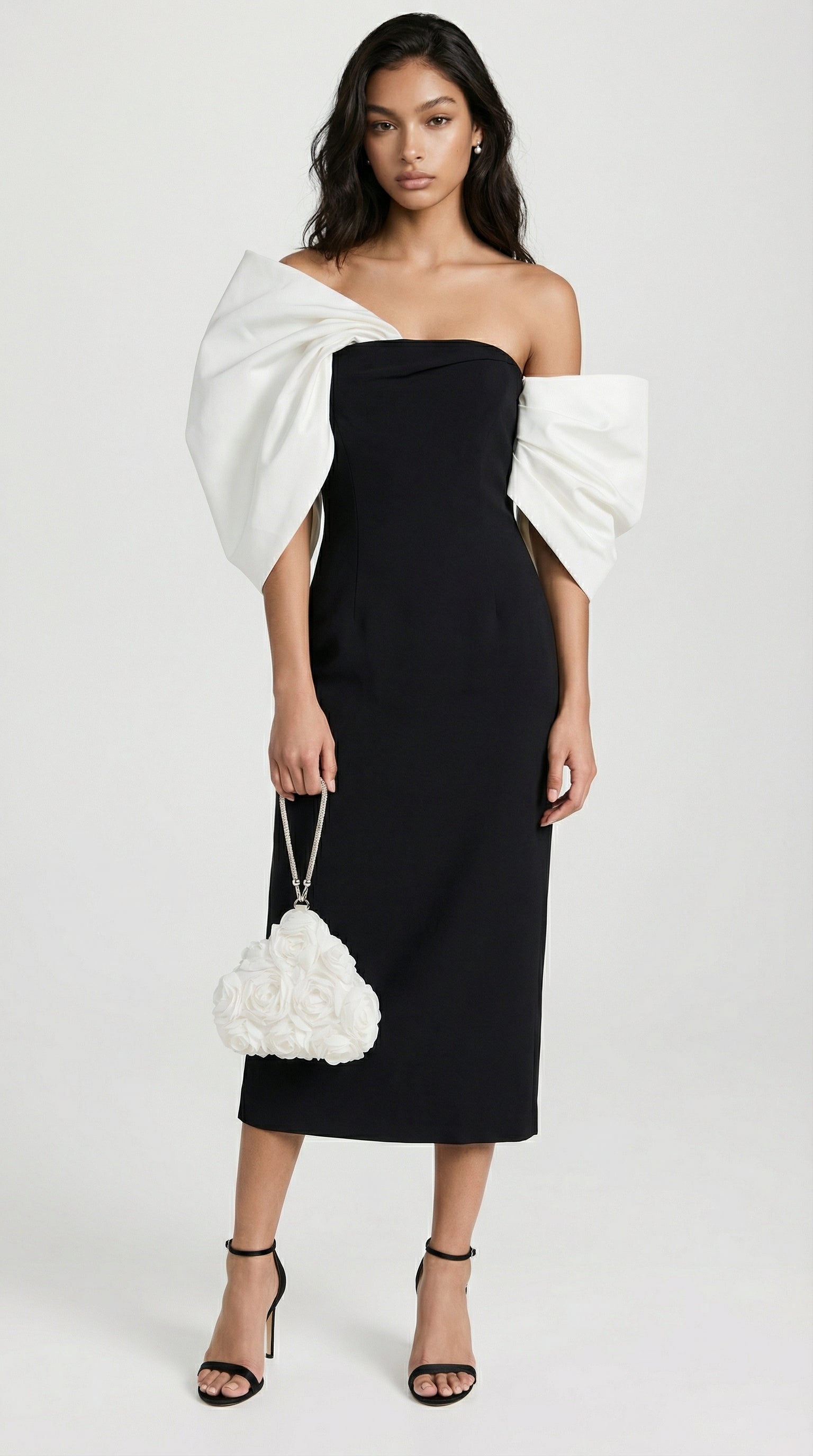 Modis - Abito midi monospalla scultoreo con fiocco nero