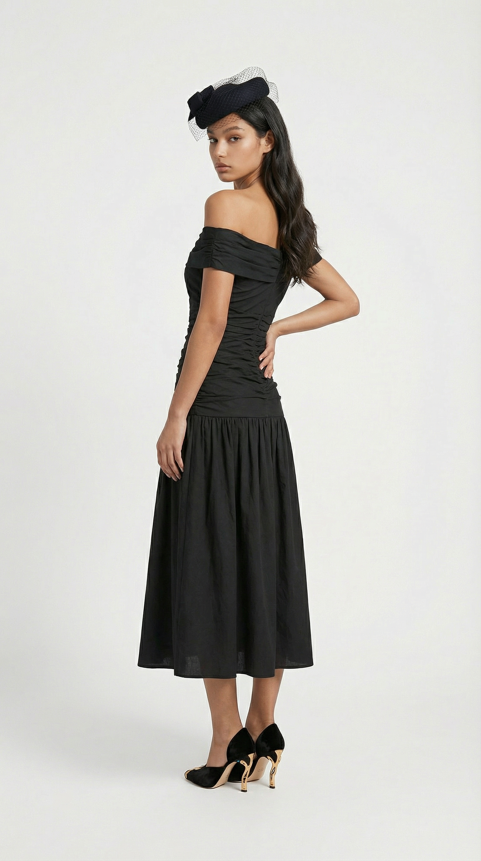 Ligne - Contrasting Voluminous A-line Dress with Architectural Fold-Over Neckline