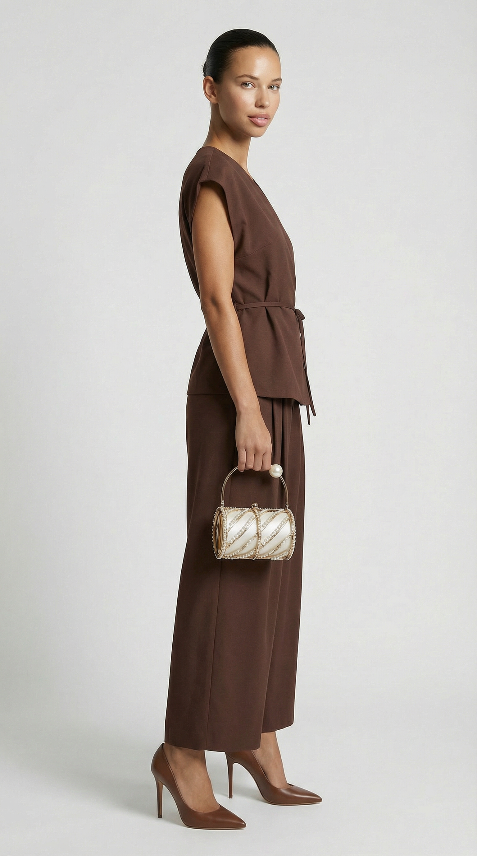 Epure - V-Neck Belted Sleeveless Top Brown