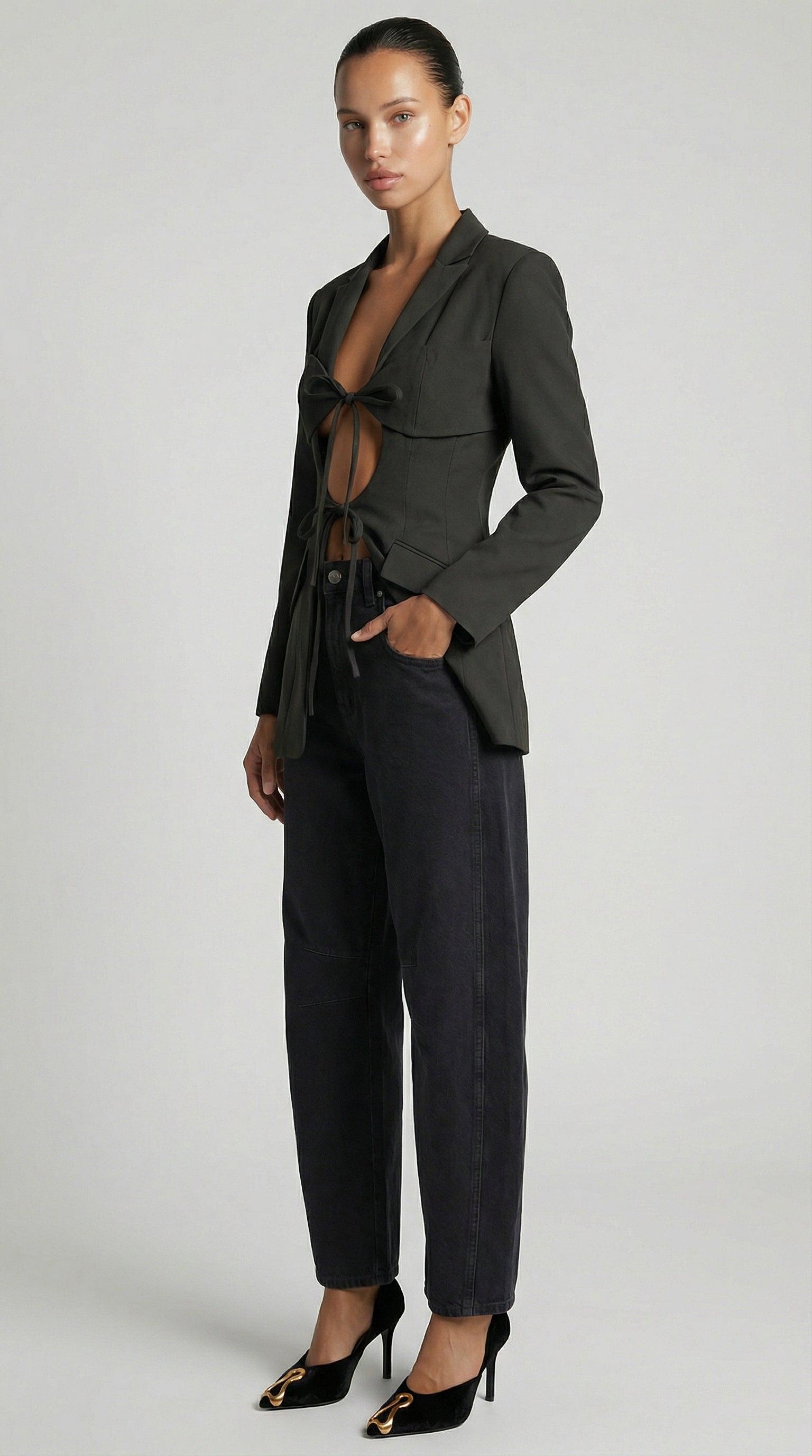 Valier - Architectural Cut-Out Lace-Up Blazer Top Black