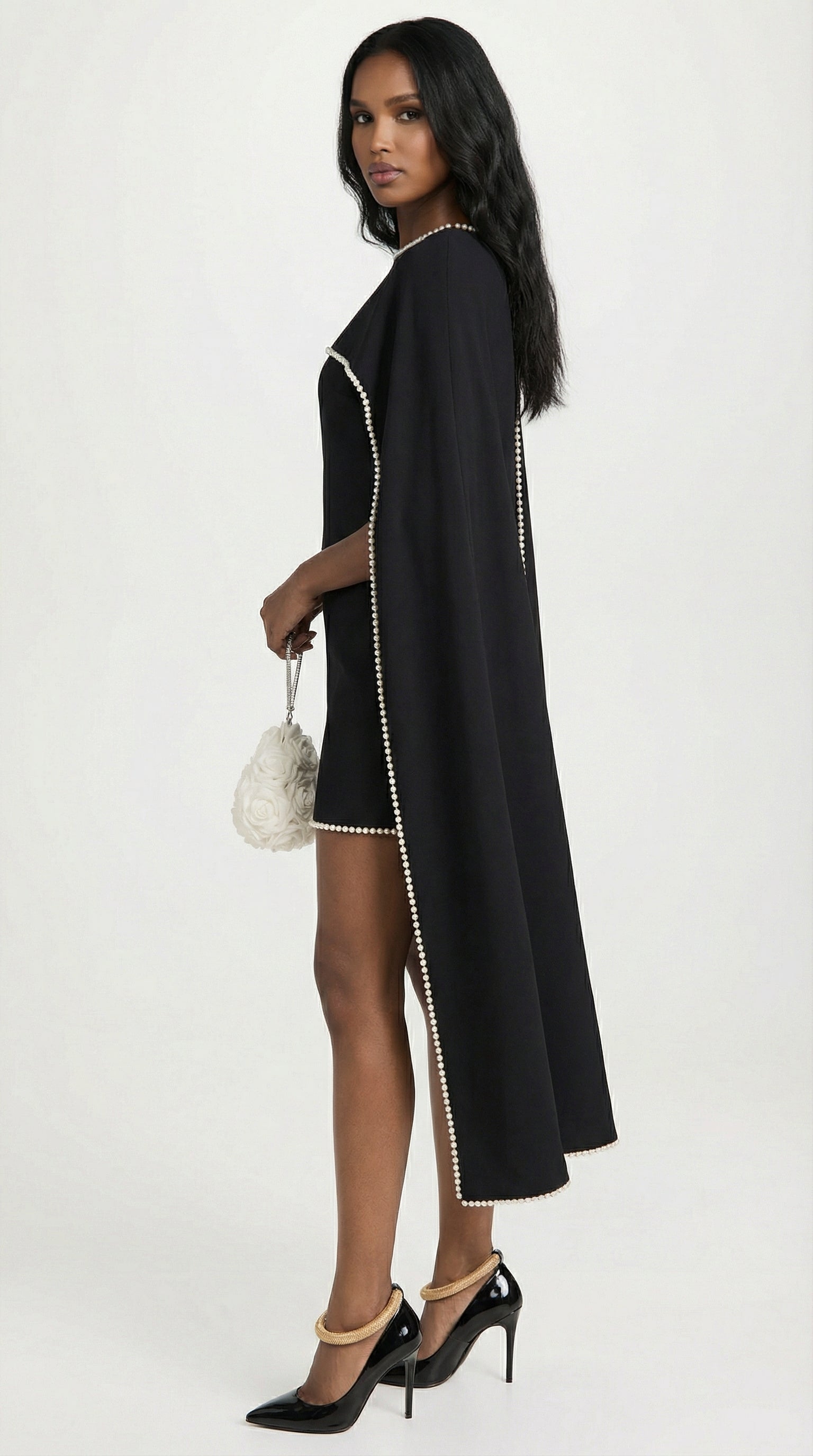 Pure - Pearl-Trimmed Minimalist Cape Dress