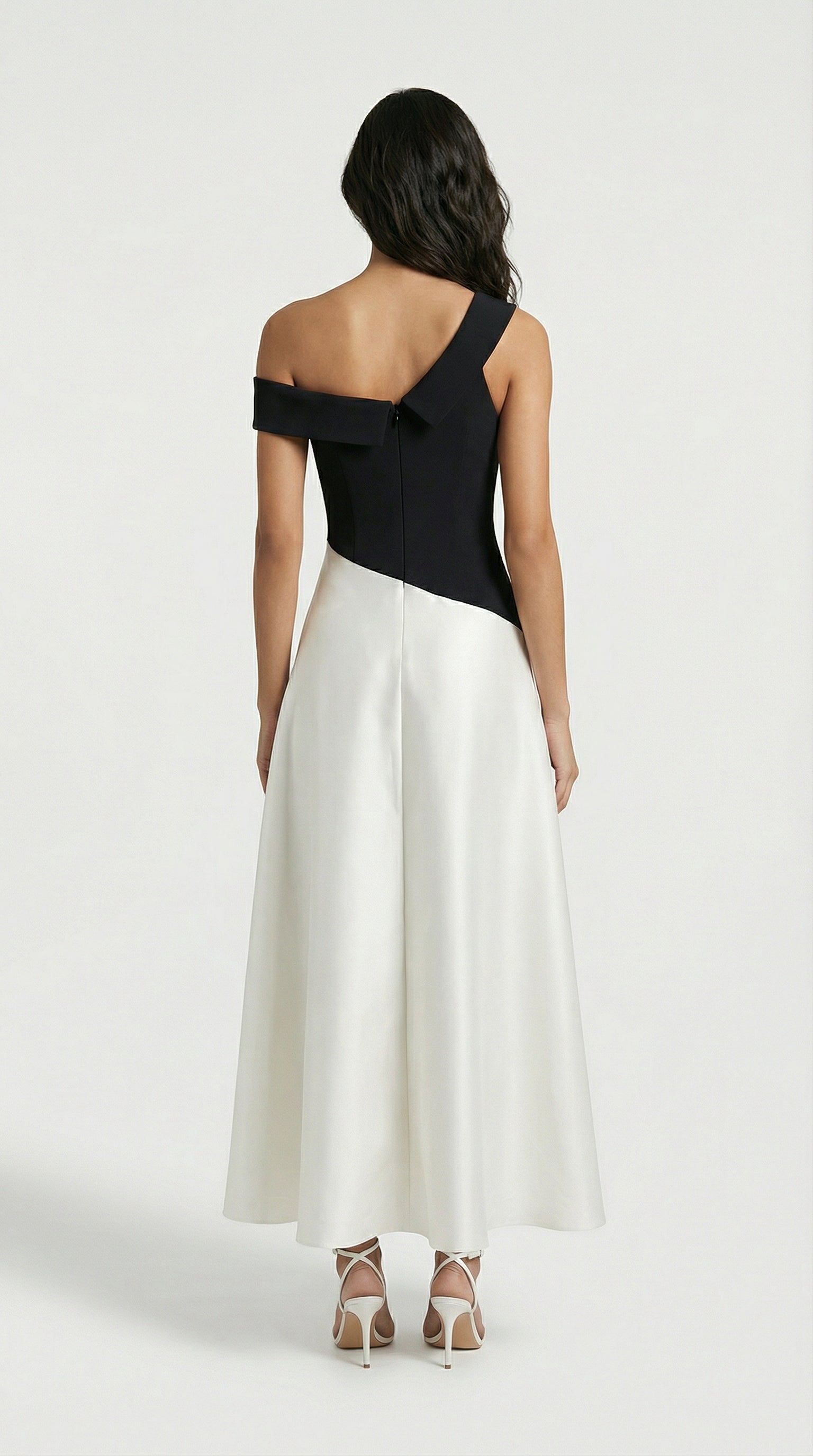 Calmi - Elegantes Schwarz-Weiß Block-Ein-Schulter-Kleid