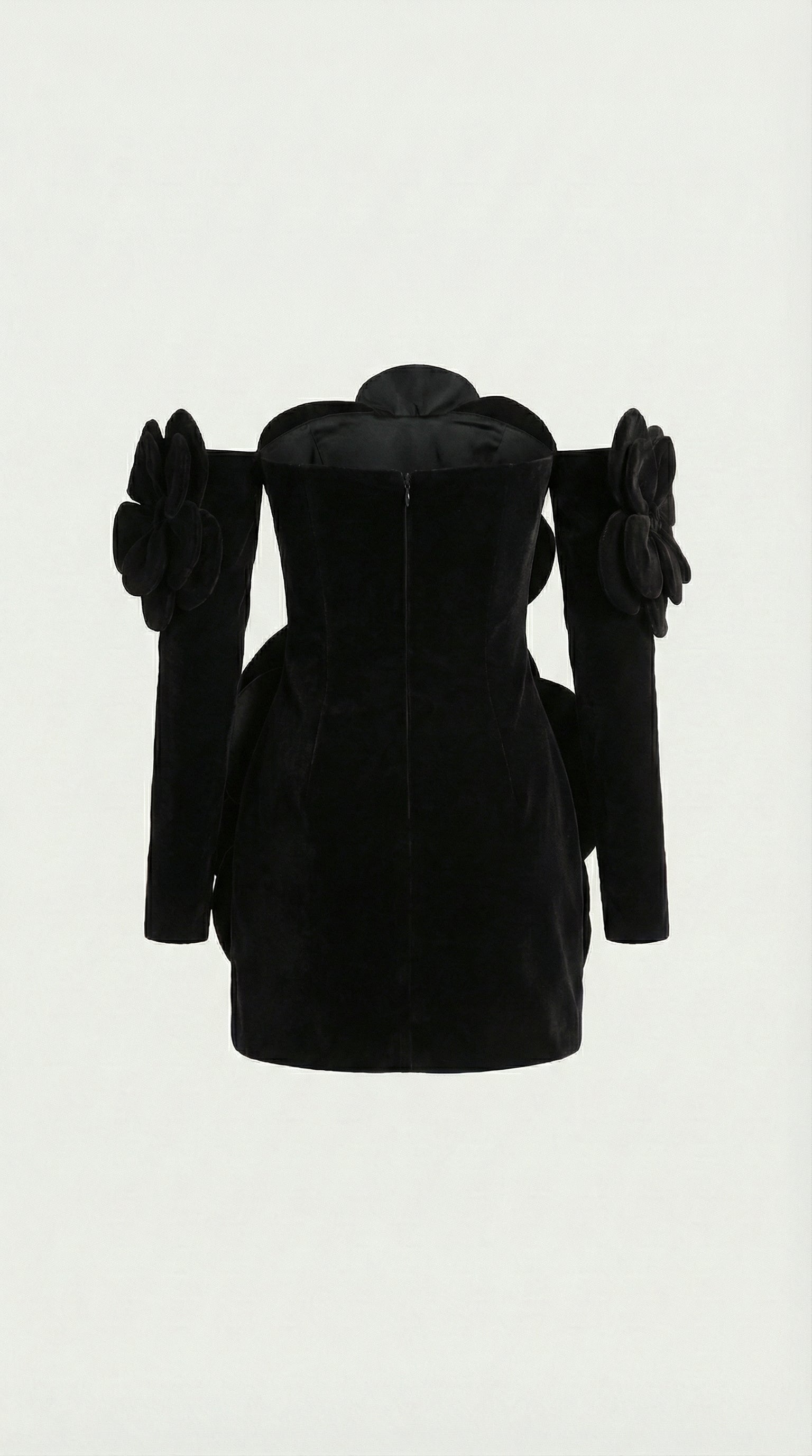 Solea - 3D Sculptural Velvet Floral Gown & Gloves Set Black