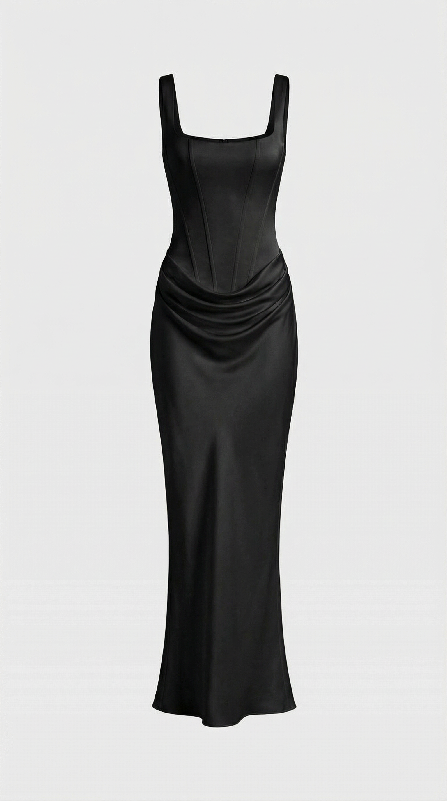 Aveline - Skulpturales Fischgräten-drapiertes Maxi-Kleid Schwarz