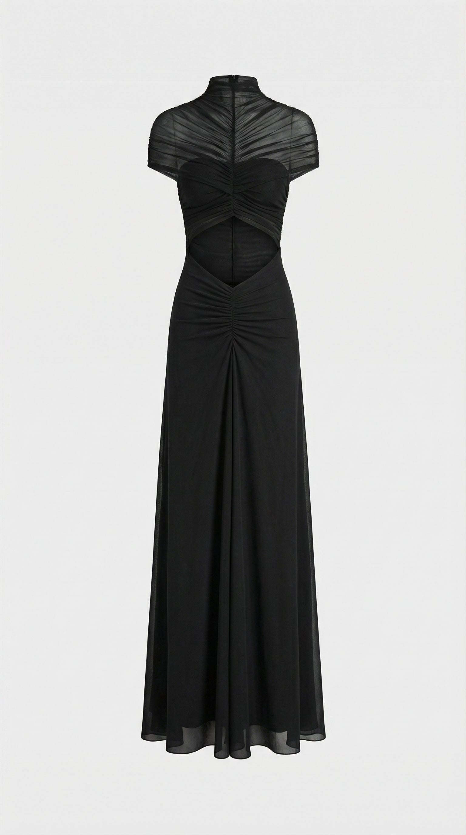 Aurea - Robe longue noire asymétrique ruchée en résille avec découpes