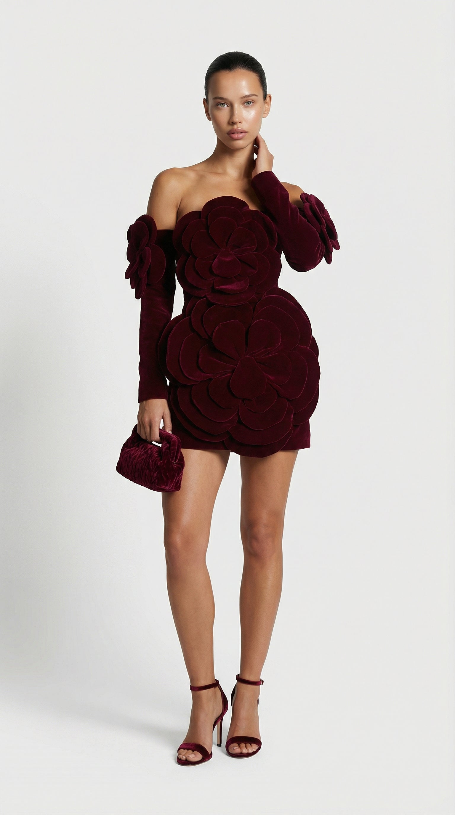 Solea - 3D Sculptural Velvet Floral Gown & Gloves Set Red