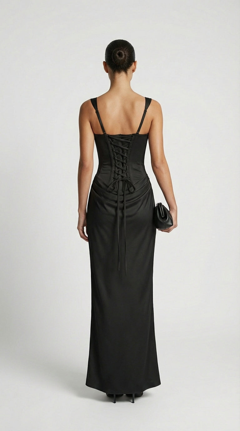Aveline - Skulpturales Fischgräten-drapiertes Maxi-Kleid Schwarz