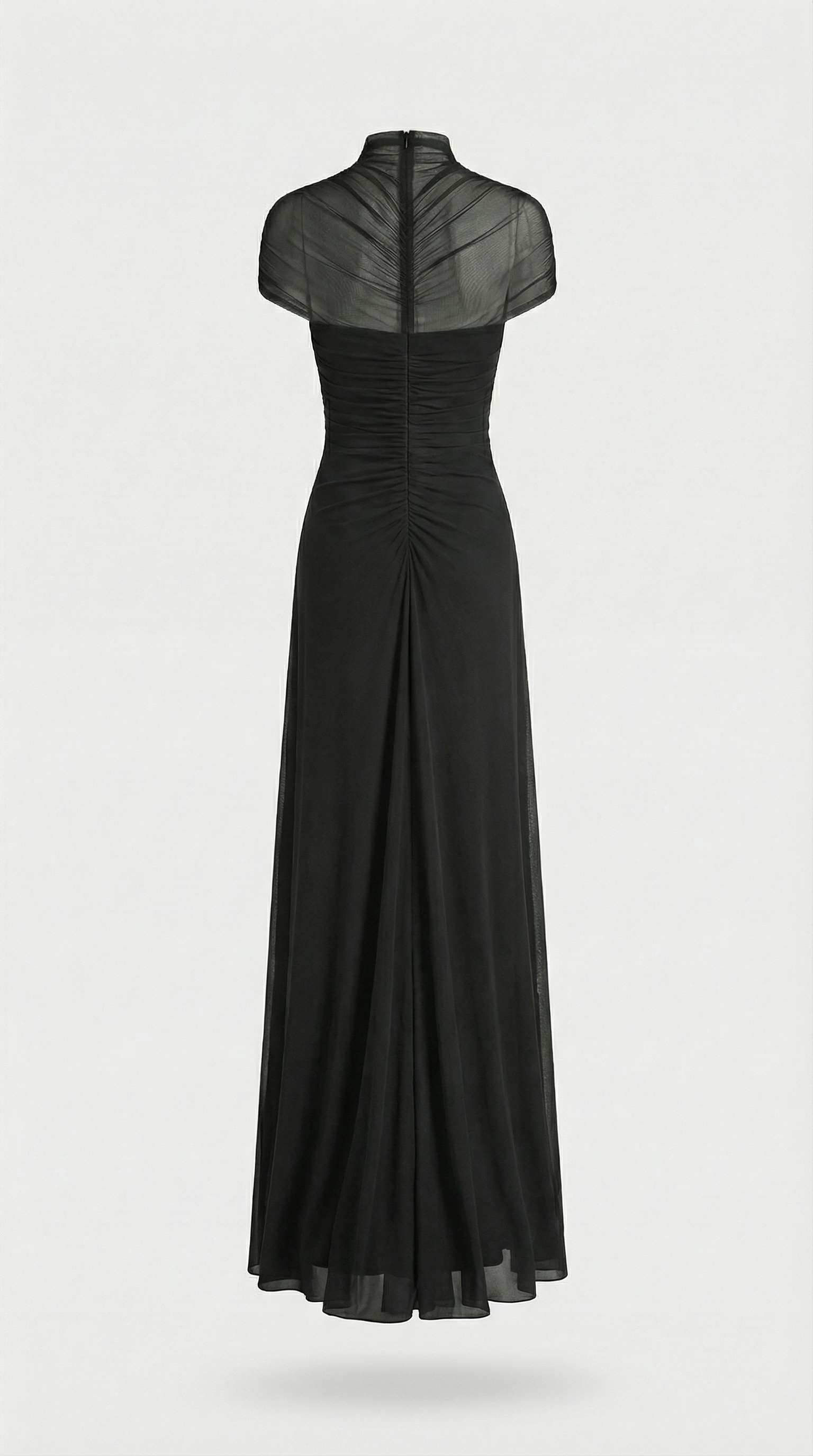Aurea - Robe longue noire asymétrique ruchée en résille avec découpes