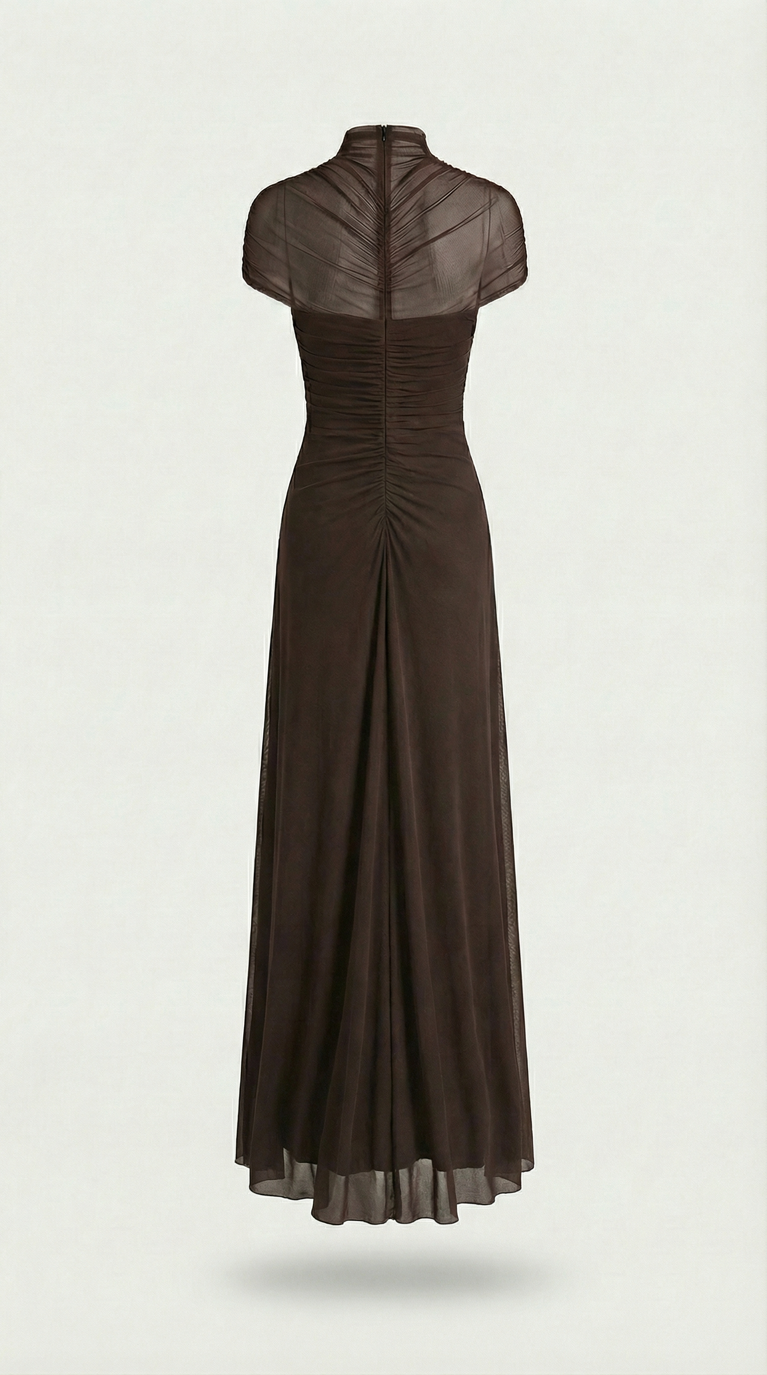 Aurea - Ruched Irregular Mesh Cut-Out Maxi Dress Brown