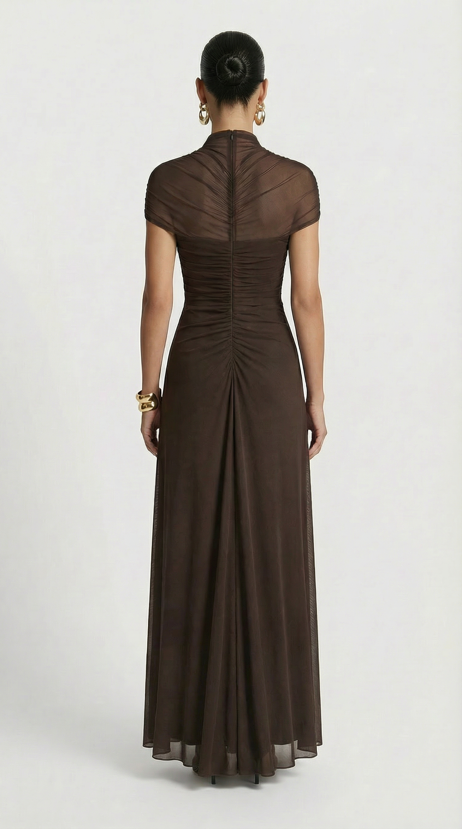 Aurea - Abito Lungo in Rete Irregolare con Drappeggi Marrone