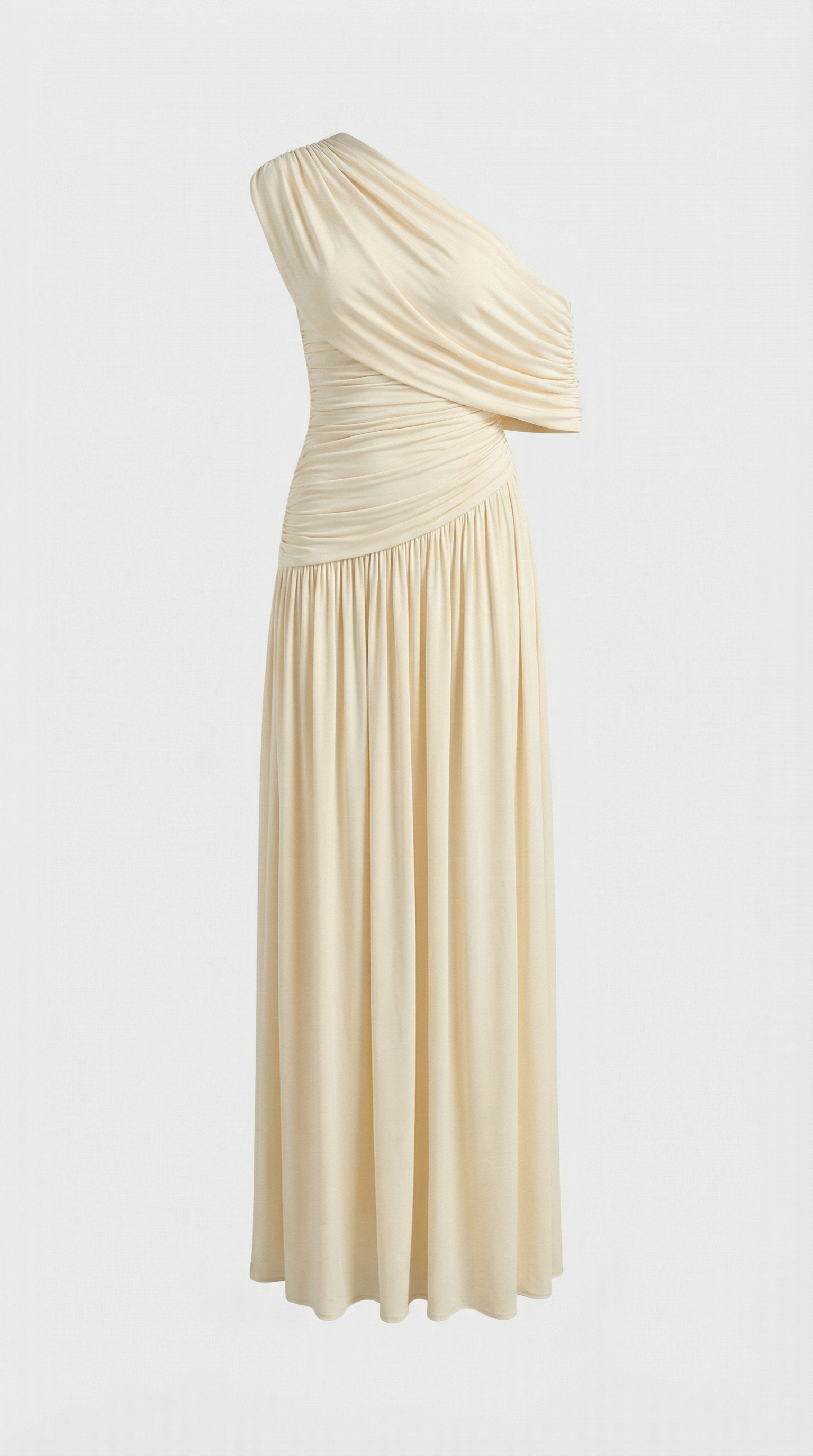 Leni - Diagonal Collar Pleated Irregular Dress Ivory