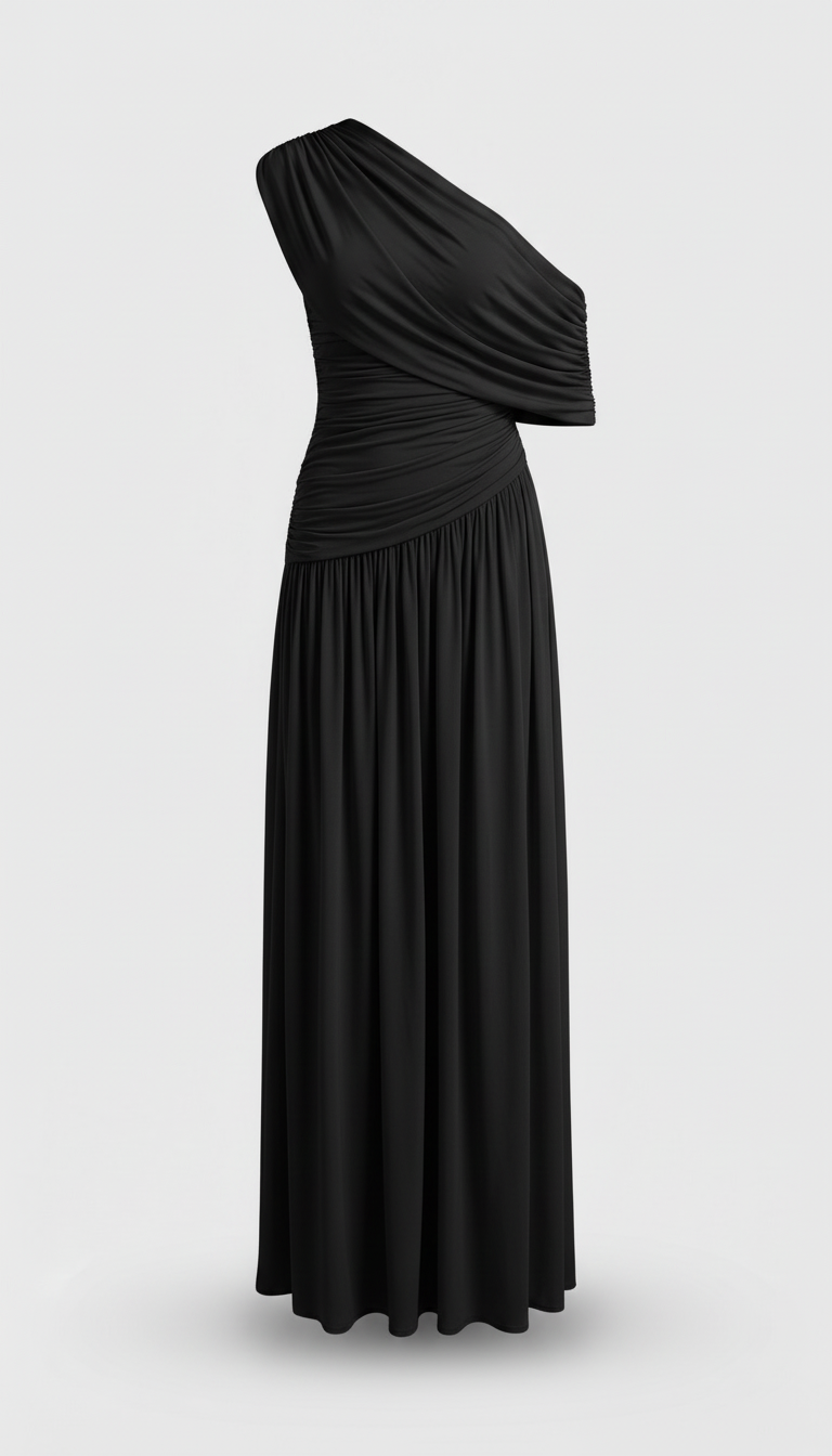 Leni - Robe asymétrique plissée à col oblique noire