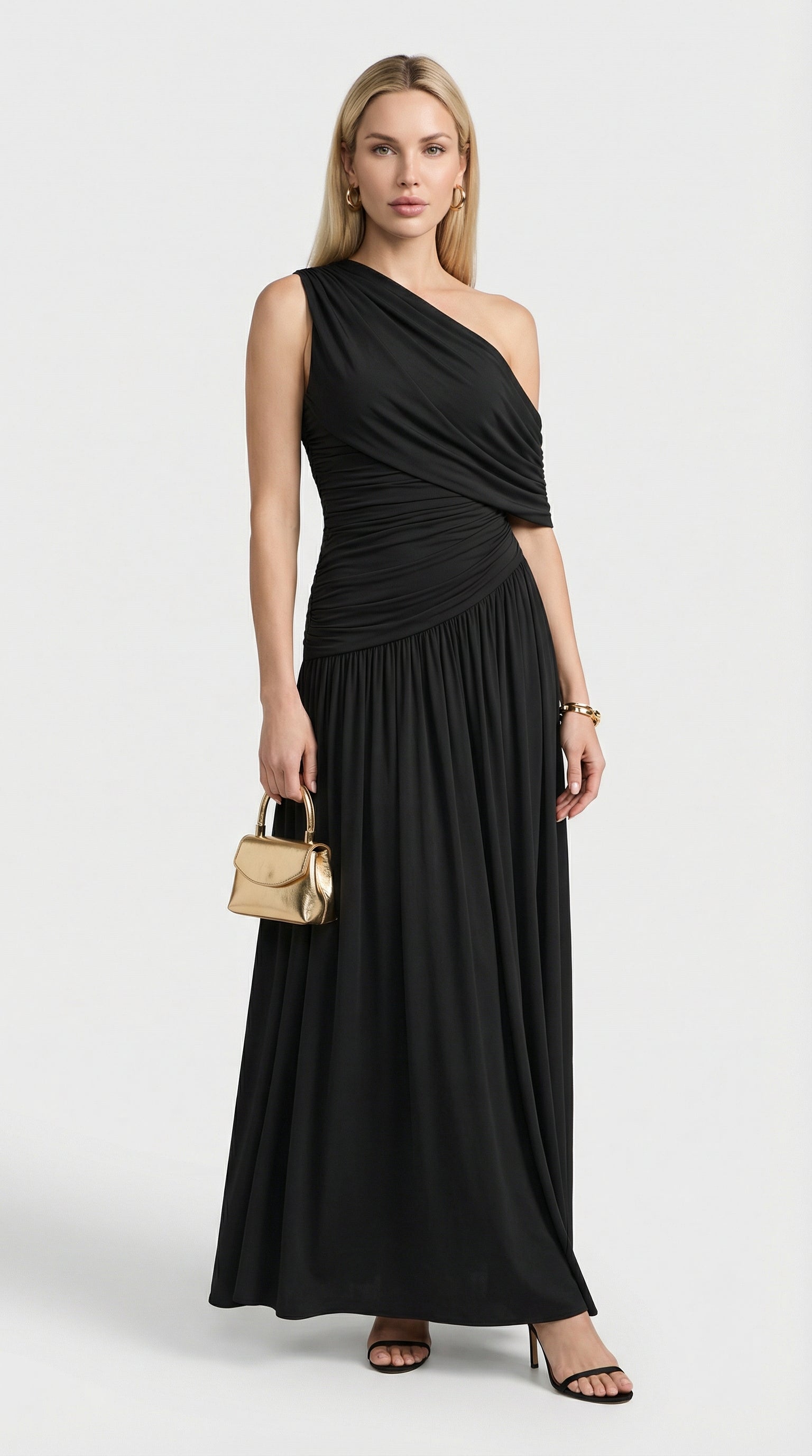 Leni - Gúna Neamhrialta Pleated Le Coiléar Díreach Dubh