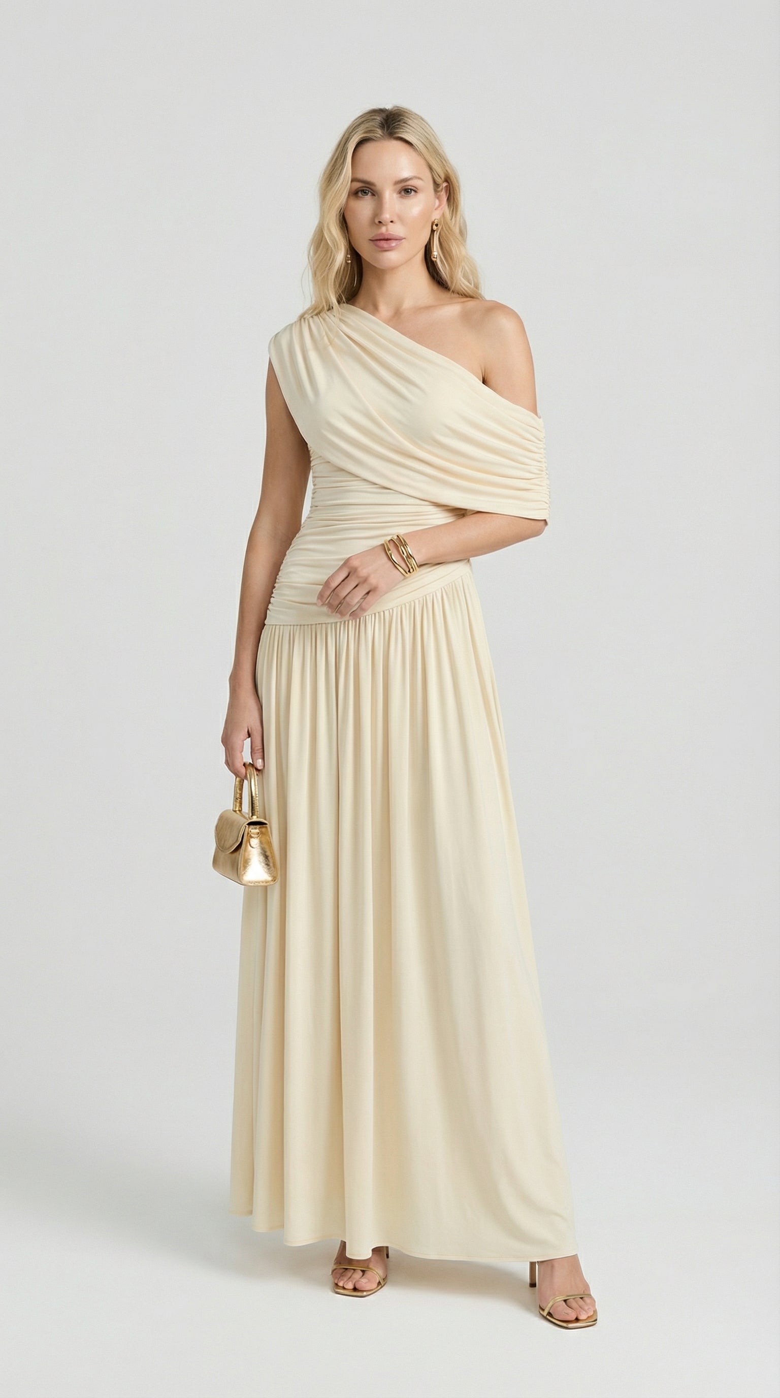 Leni - Abito Irregolare Plissettato con Colletto Diagonale Avorio