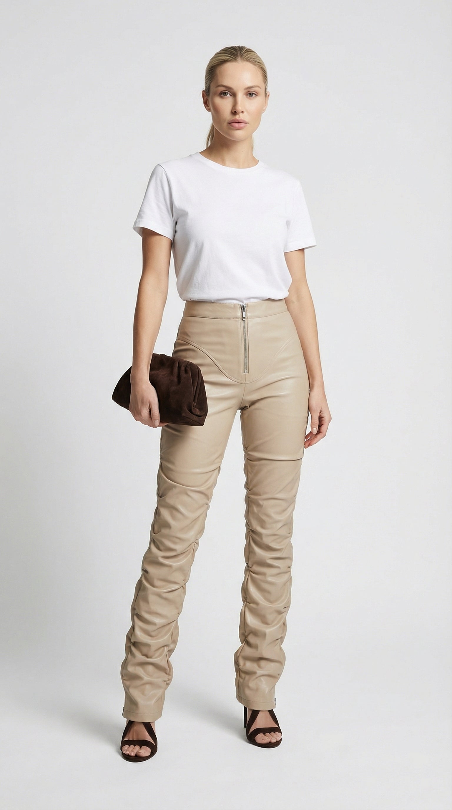 Aven - Pantaloni a Vita Alta in Pelle Vegana Impilata Avorio