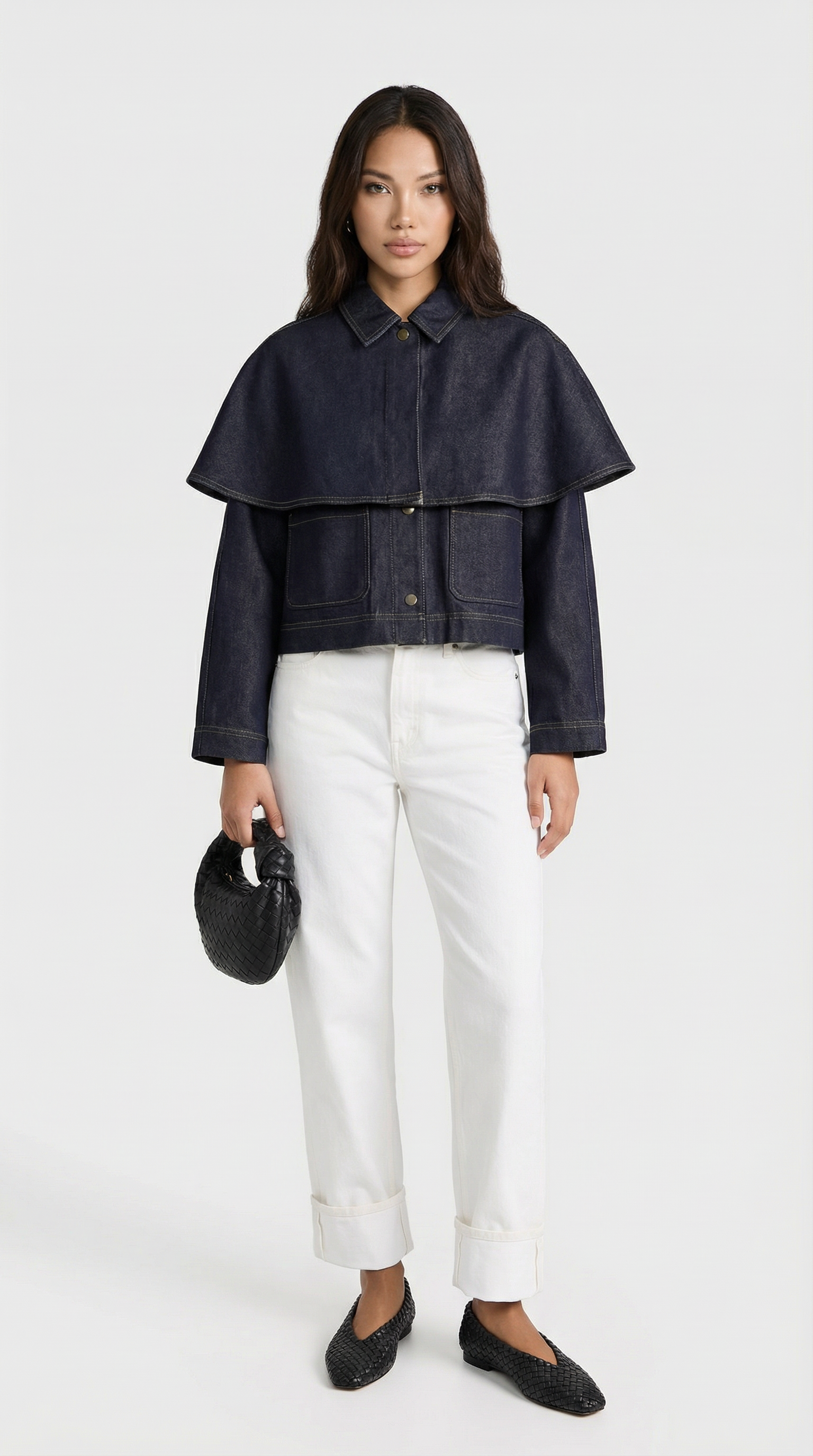 Asha - Giacca con mantella a strati in denim con bottoni