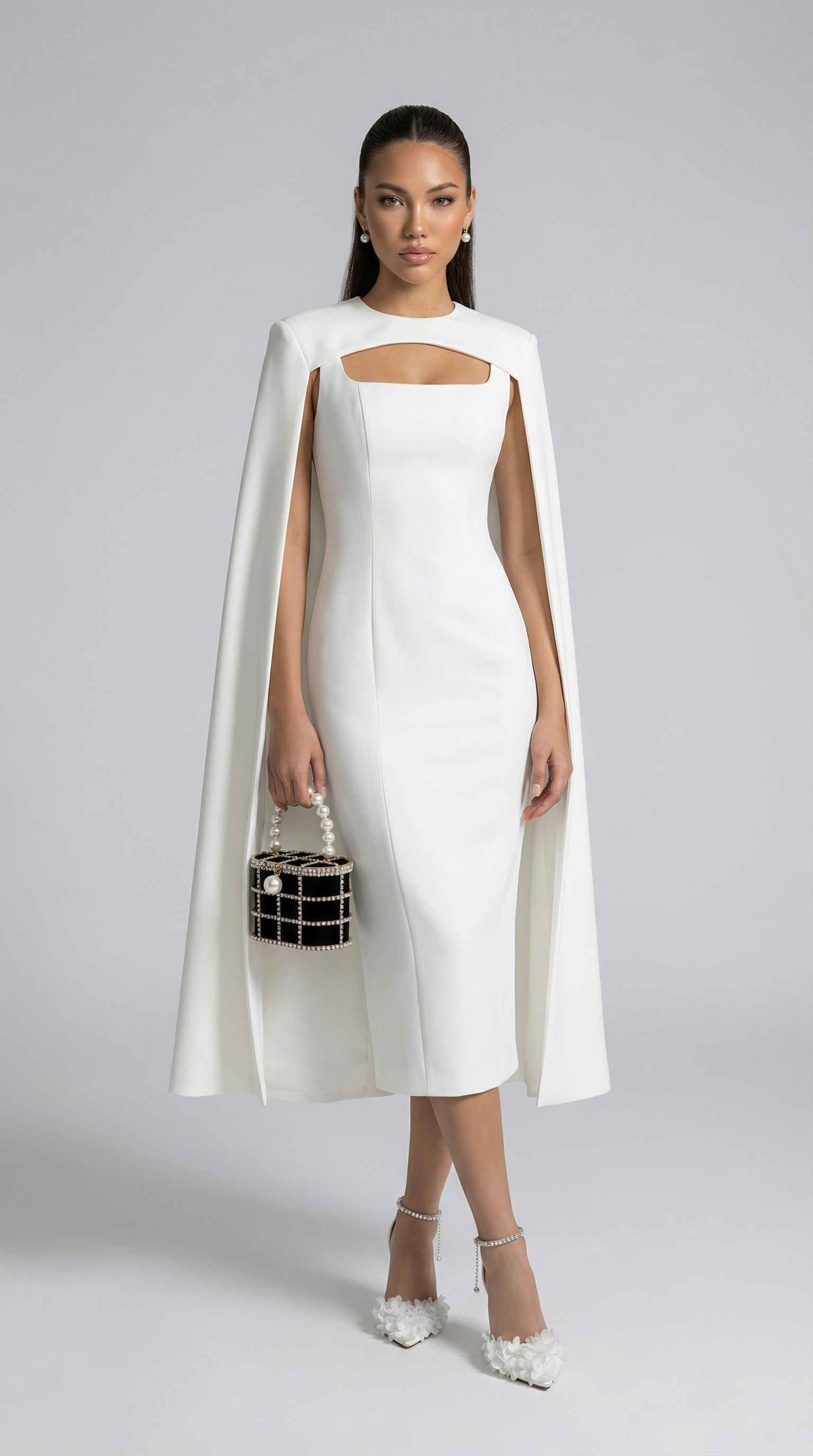 Ama - Abito minimalista con scialle a inserti bianco