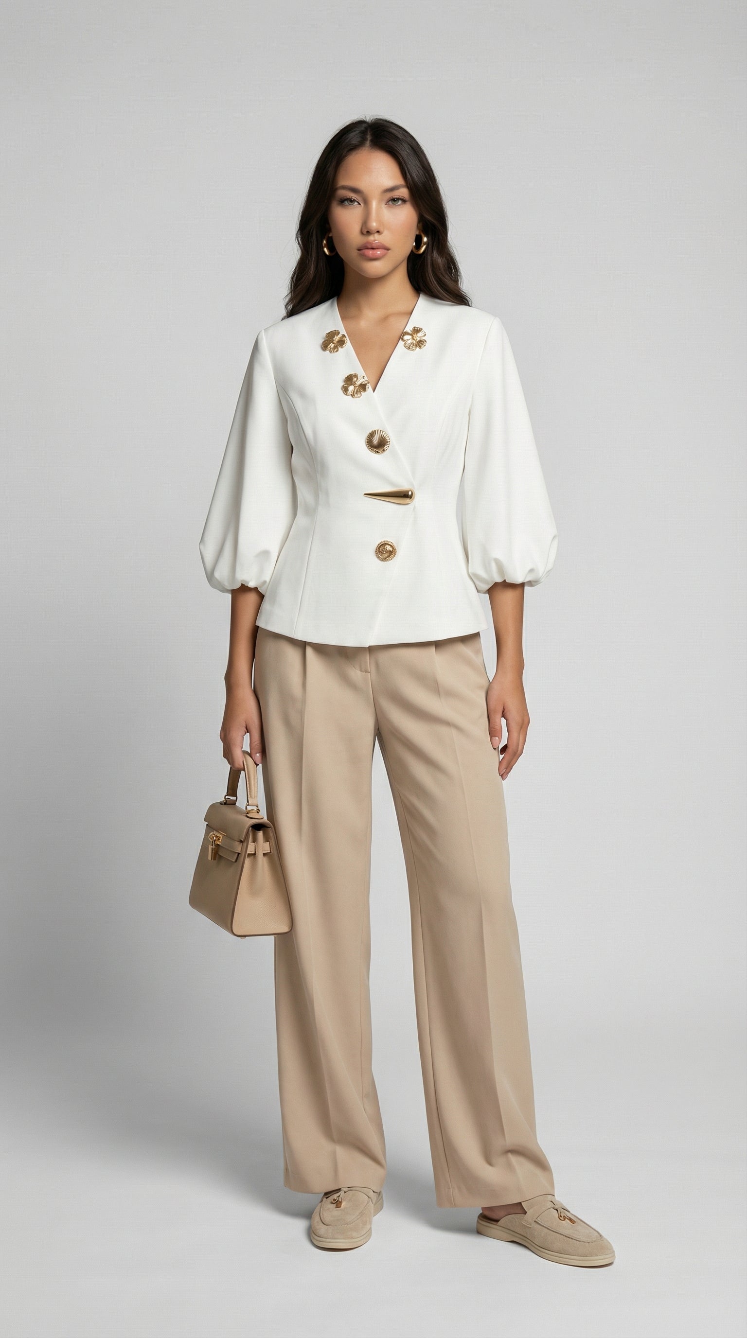 Keni - Metal-Button Puff-Sleeve Top White
