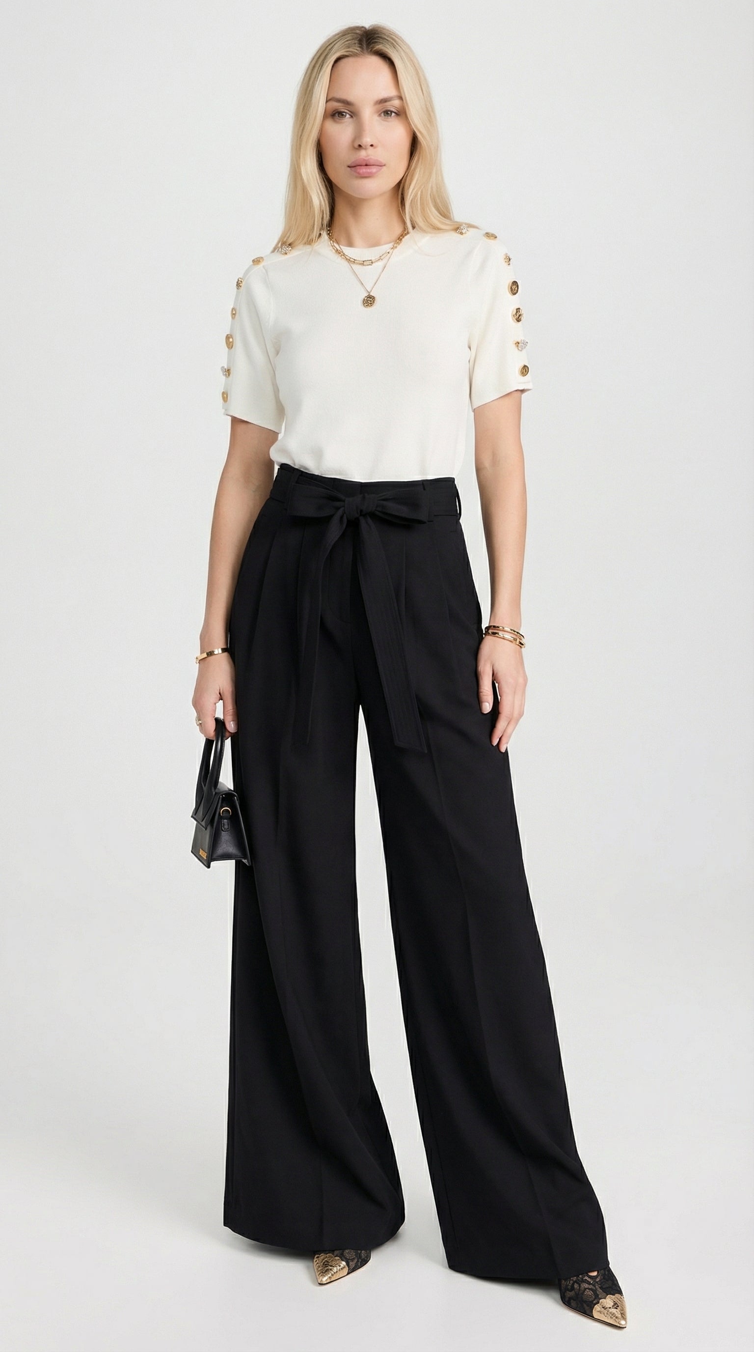 Nalo - Tie-Strap Faltenweite Hosen Schwarz
