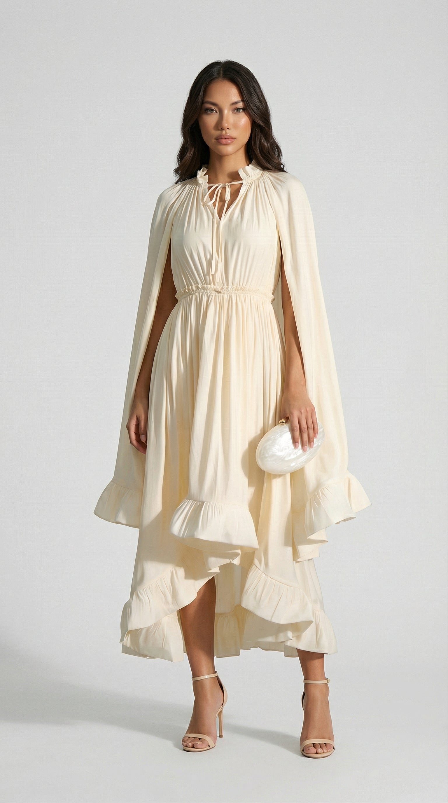 Elina - Abito da sera con mantella e volant di lusso