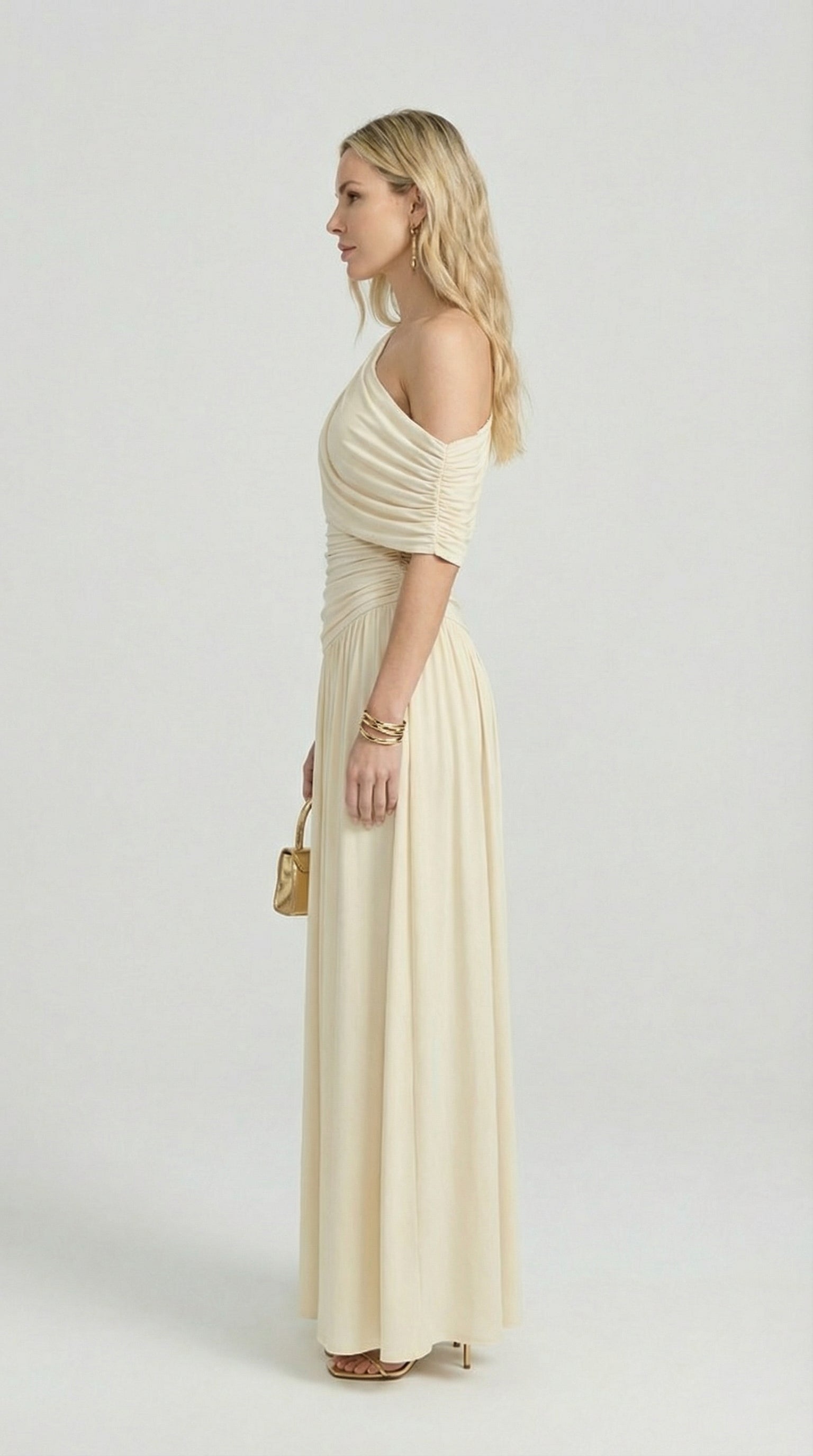 Leni - Diagonal Collar Pleated Irregular Dress Ivory