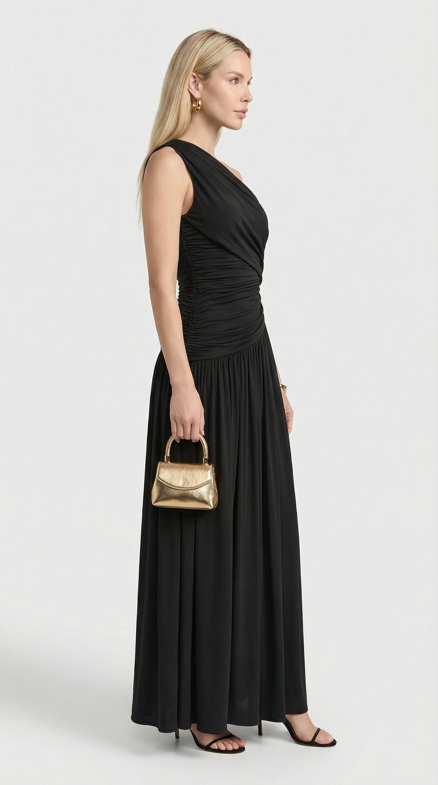 Leni - Diagonal Collar Pleated Irregular Dress Black