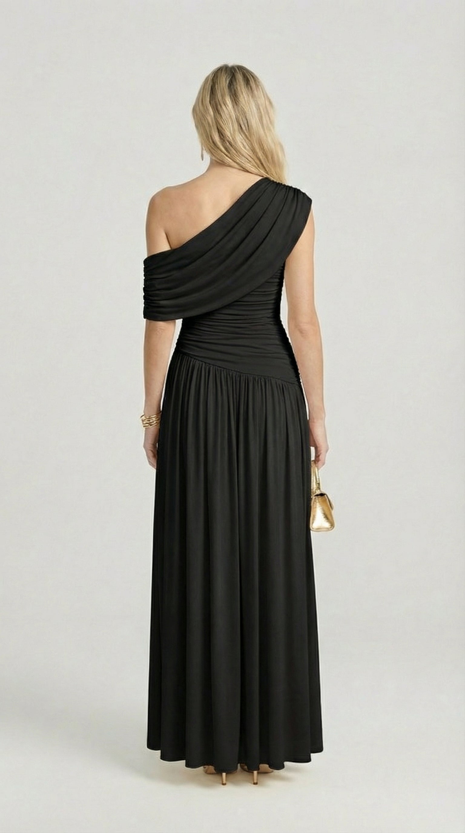 Leni - Diagonal Collar Pleated Irregular Dress Black