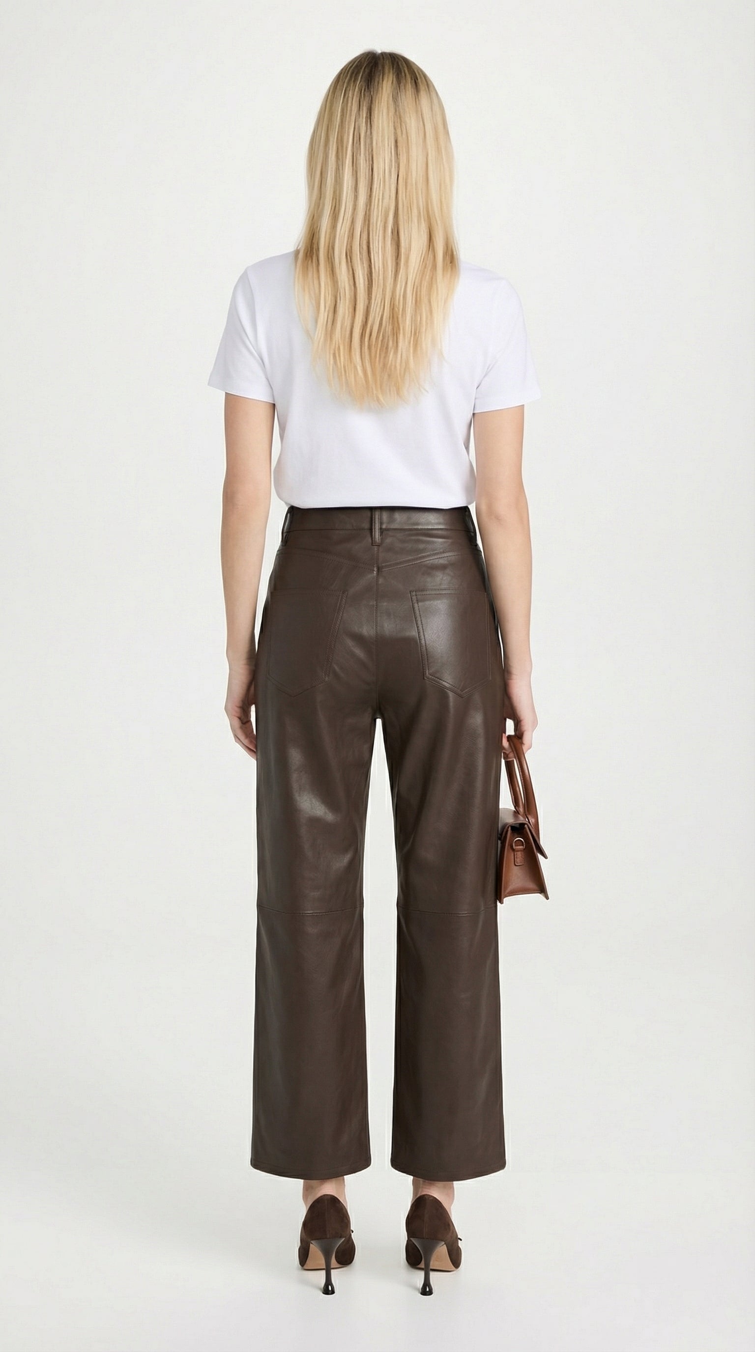Lira - Pantaloni Dritti a Vita Alta in Vera Pelle Taglio Corto Marrone