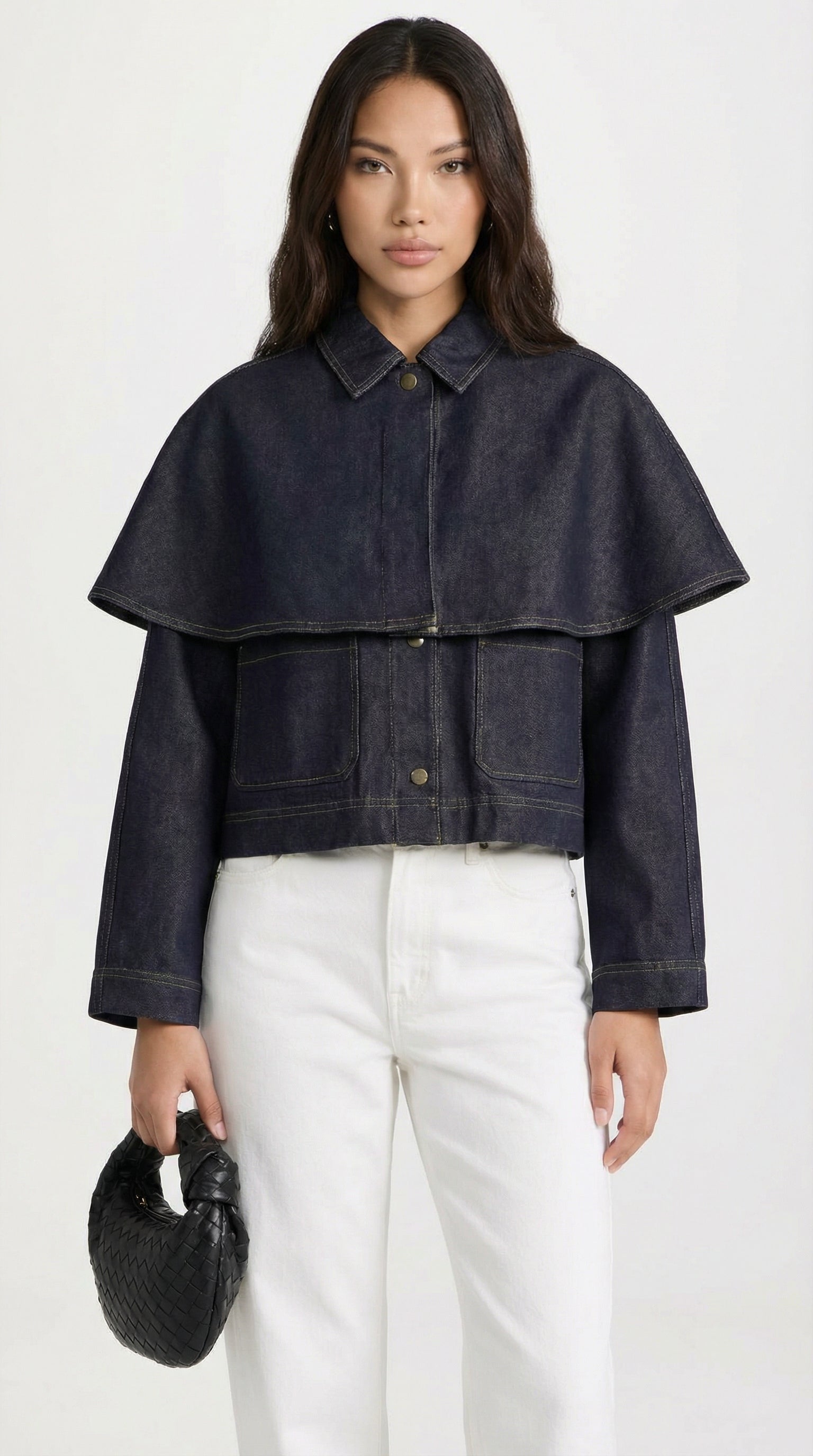 Asha - Giacca con mantella a strati in denim con bottoni