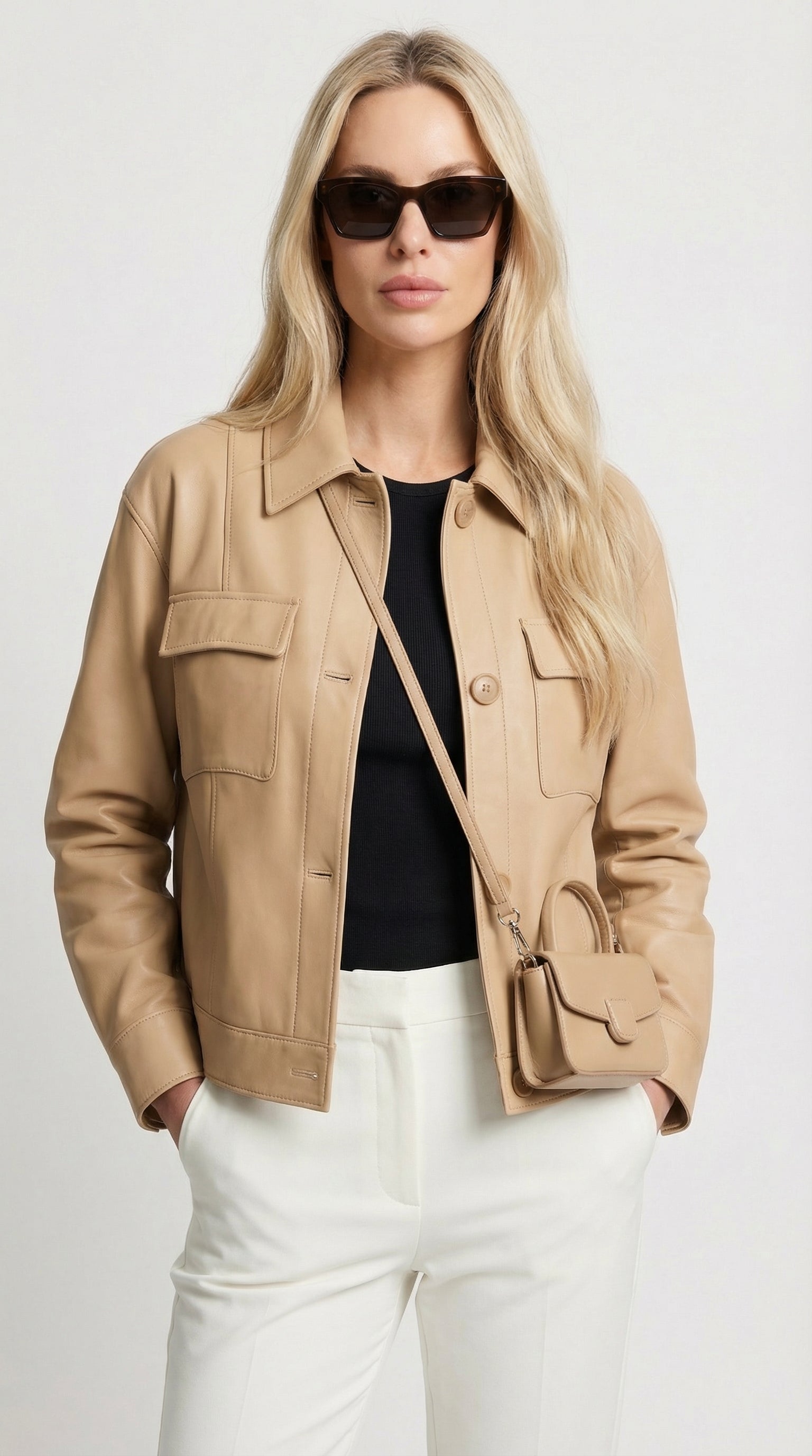 Cela - Quadratischer Kragen Echtleder Kurze Jacke Beige