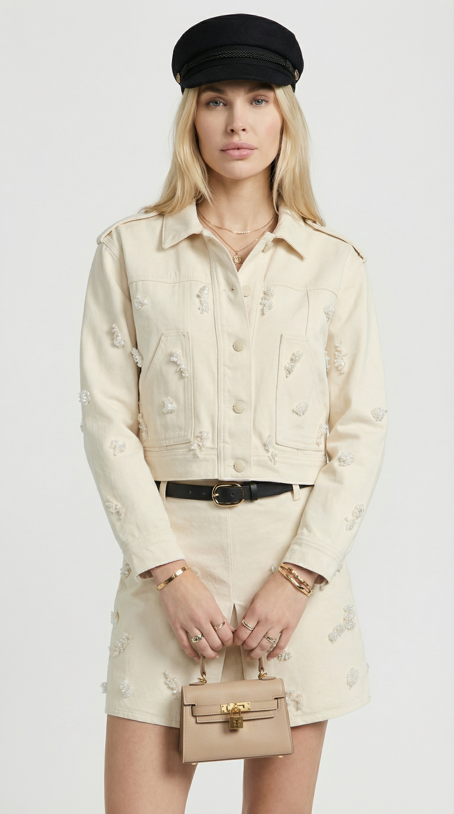 Nira - Completo in Cotone Denim Beige Decorato con Perline