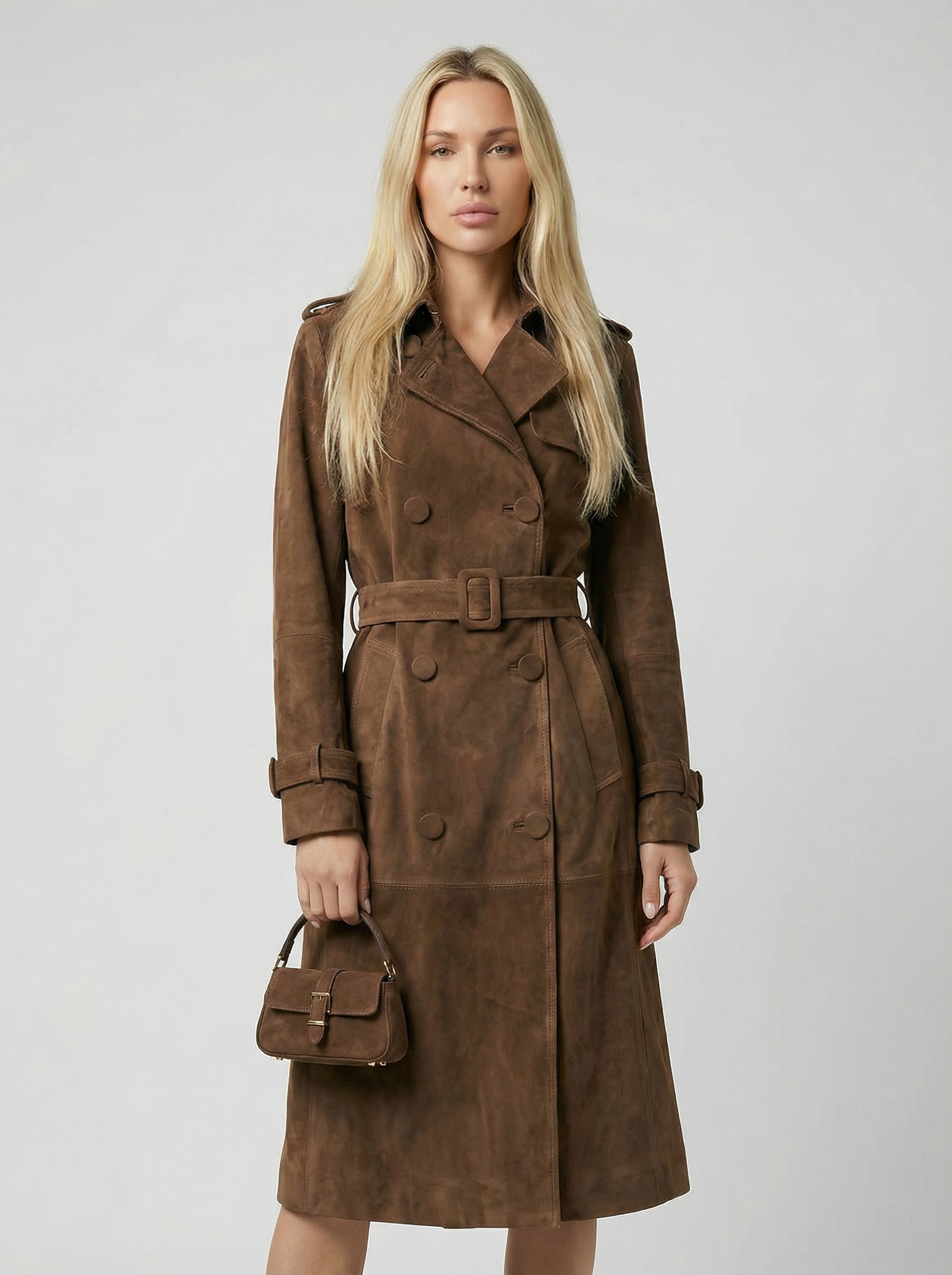 Elva - Belted Genuine Suede Trench Brown