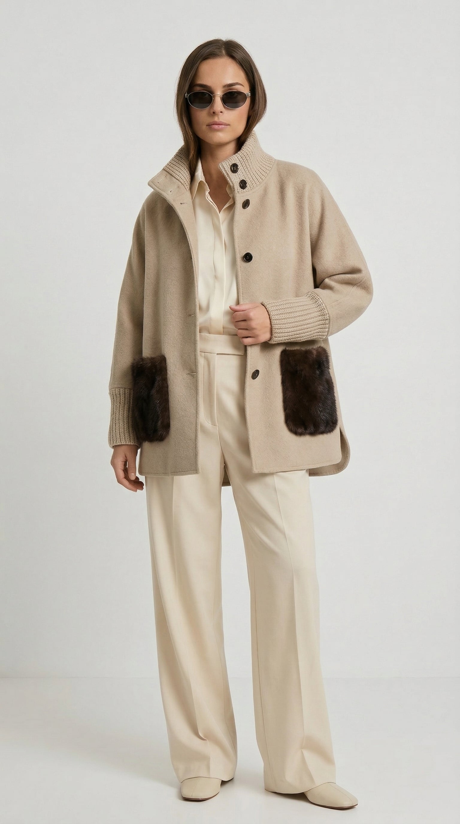 Seriss - Loose Knit Fur Sweater with Standup Collar Beige