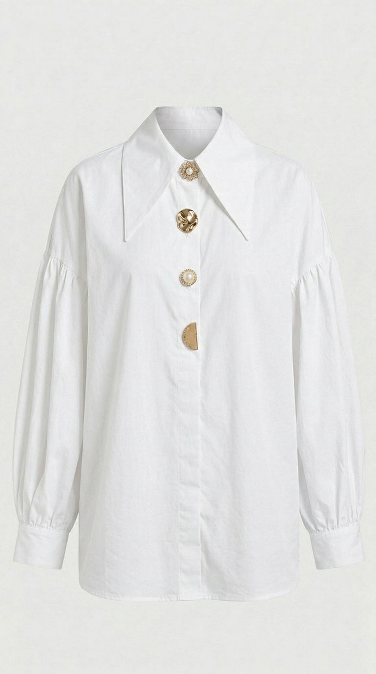 Verito - Camisa Suelta de Manga Larga con Cuello Puntiagudo y Botones de Joyería Blanca