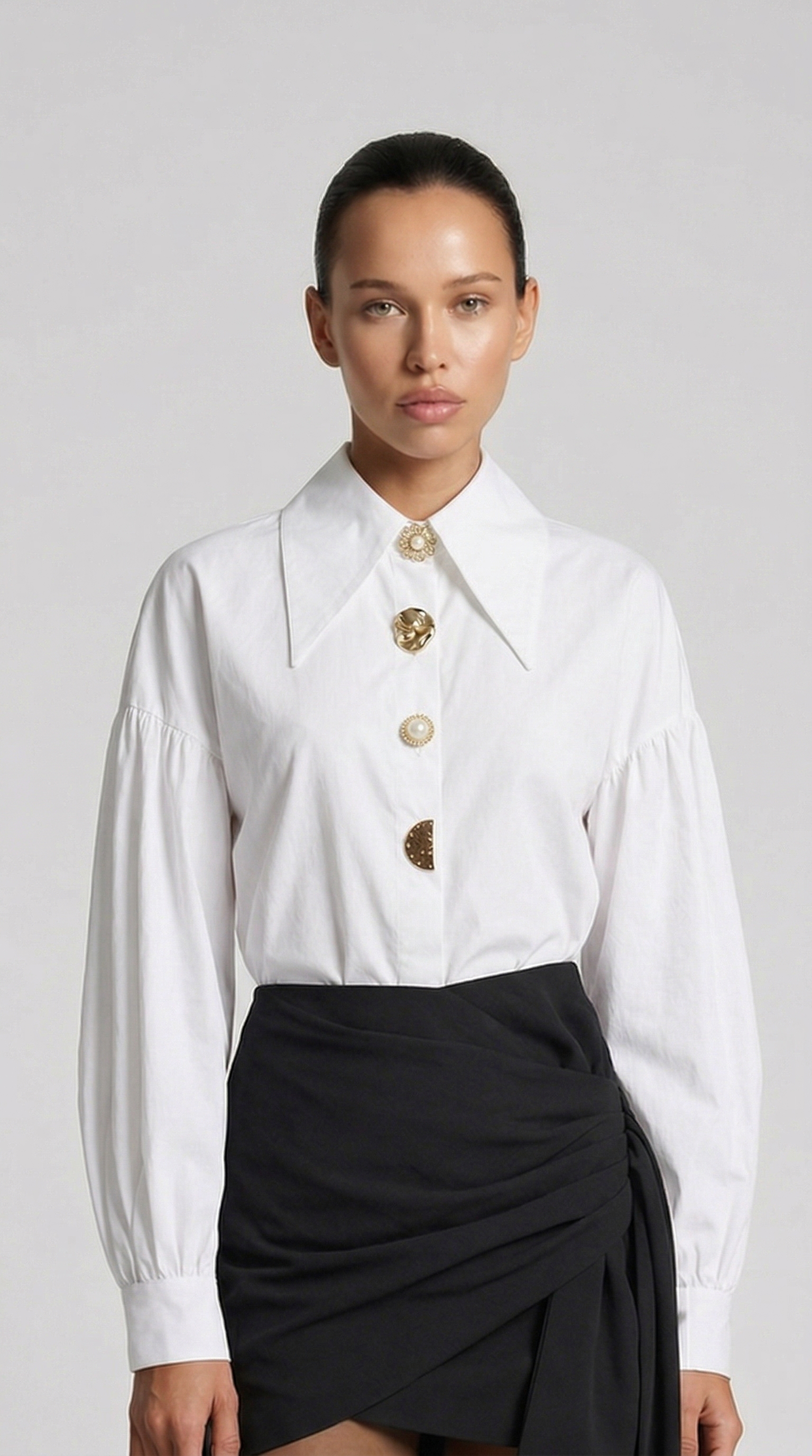 Verito - Loose Long Sleeve Shirt with Pointed Collar and Jewellery Buttons White