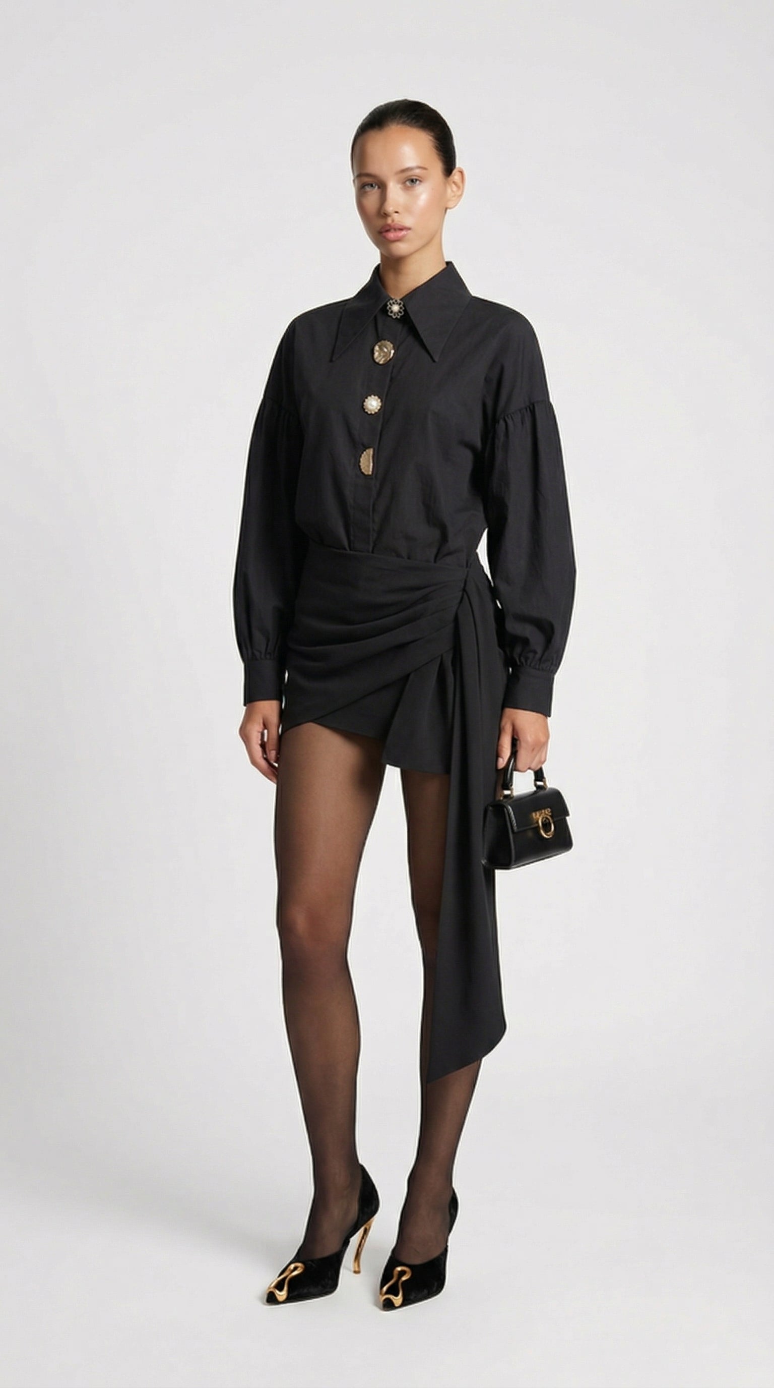 Verito - Loose Long Sleeve Shirt with Pointed Collar and Jewellery Buttons Black