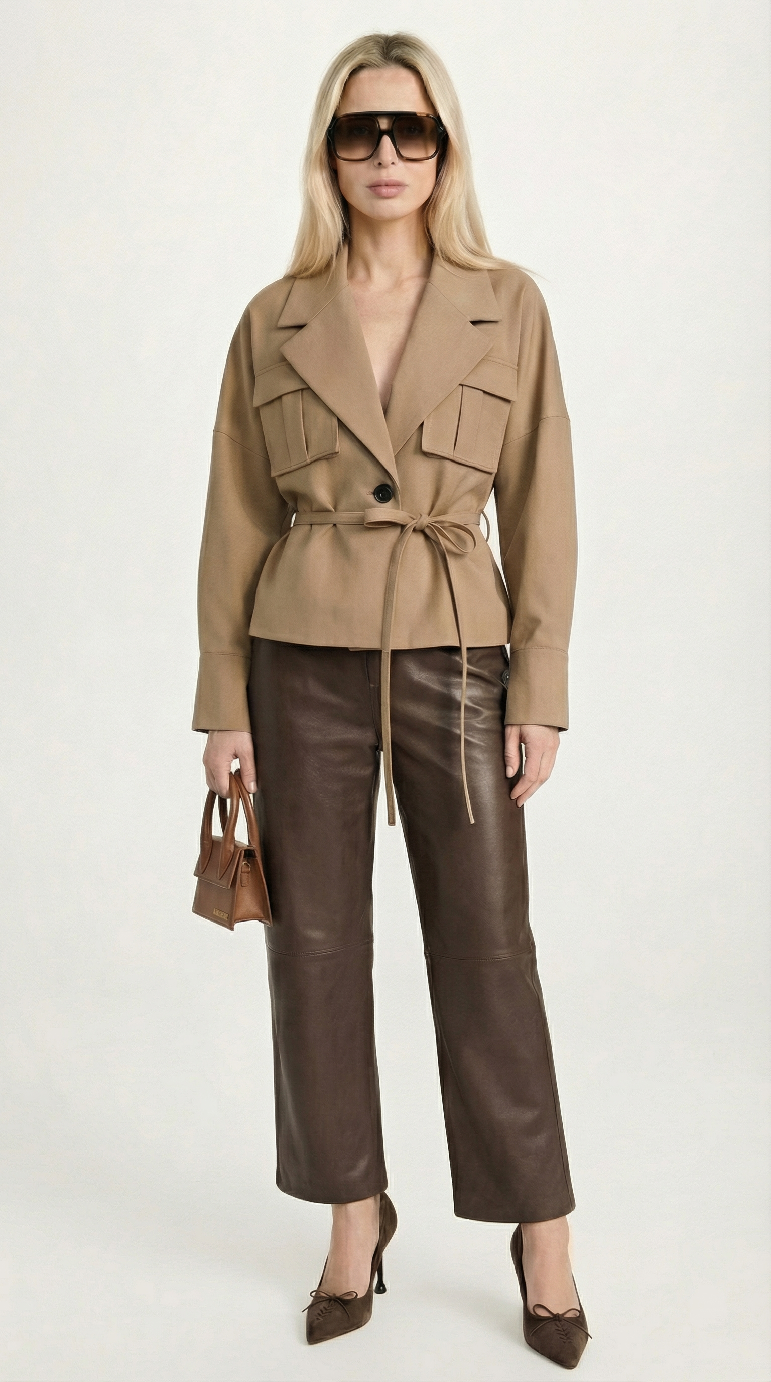 Olea - Chaqueta corta vintage moderna con cuello vuelto y bolsillos con cordones